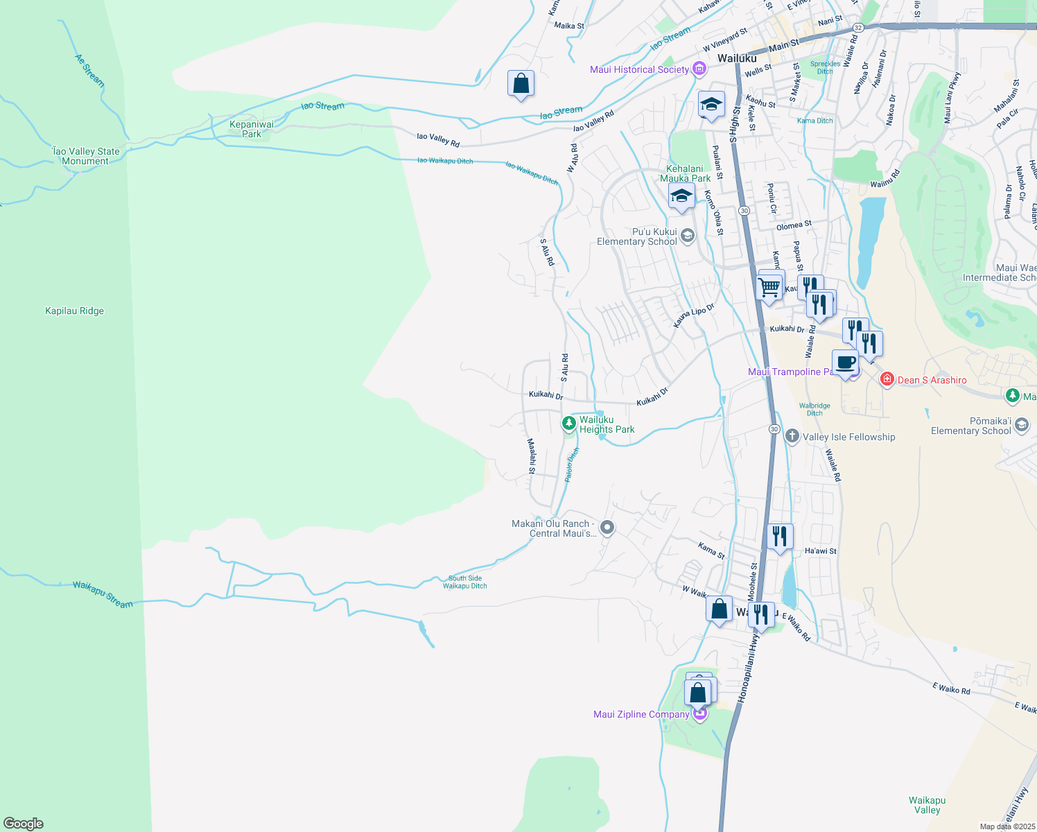 map of restaurants, bars, coffee shops, grocery stores, and more near 495 Polulani Drive in Wailuku