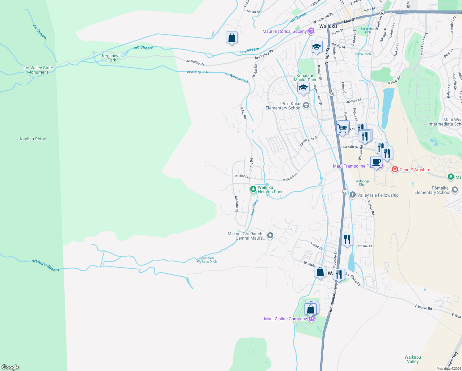 map of restaurants, bars, coffee shops, grocery stores, and more near 495 Polulani Drive in Wailuku