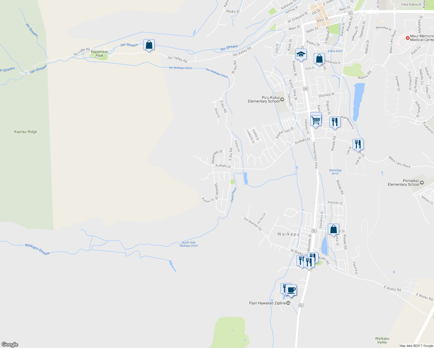 map of restaurants, bars, coffee shops, grocery stores, and more near 602 Anela Place in Wailuku