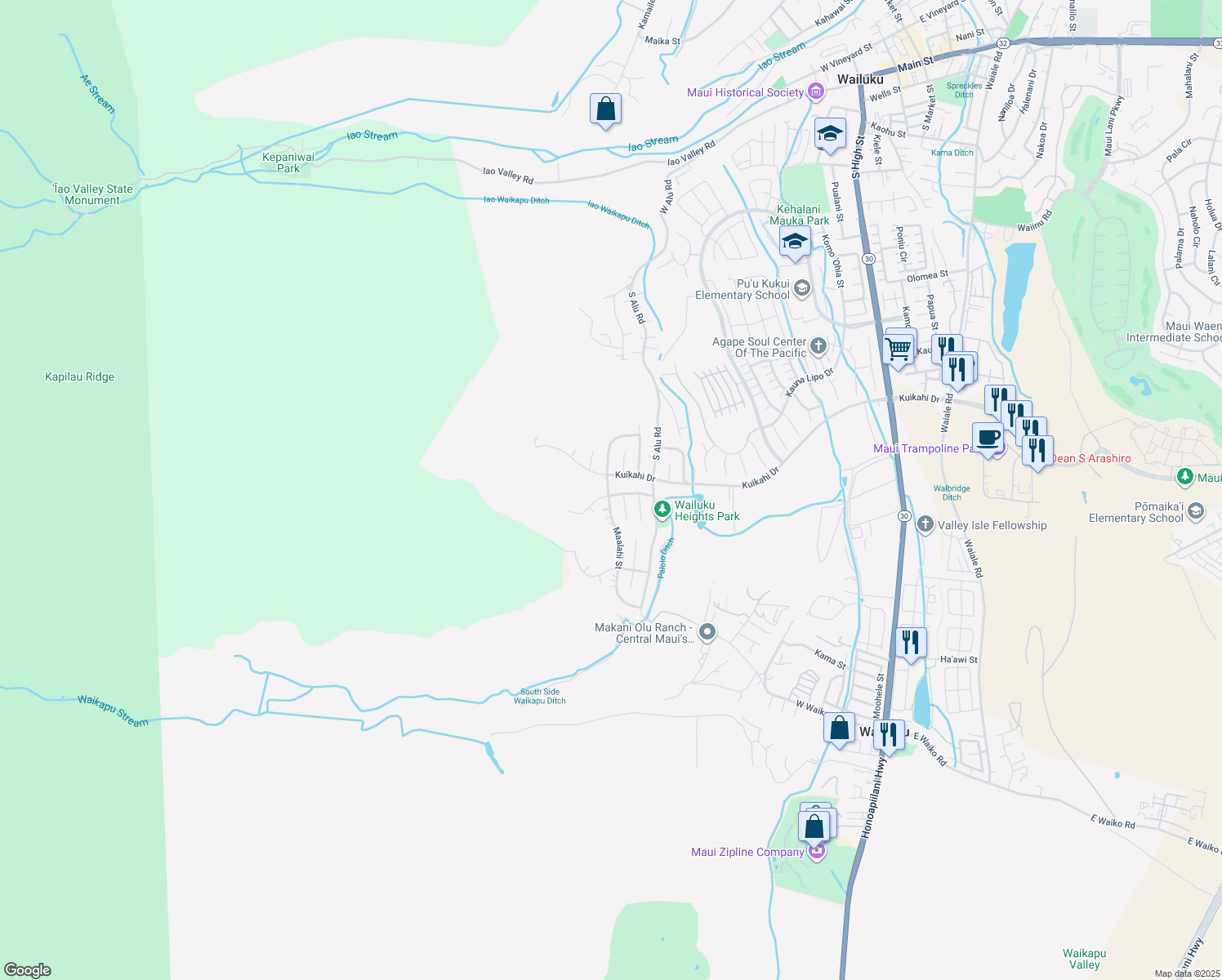 map of restaurants, bars, coffee shops, grocery stores, and more near 486 Polulani Drive in Wailuku