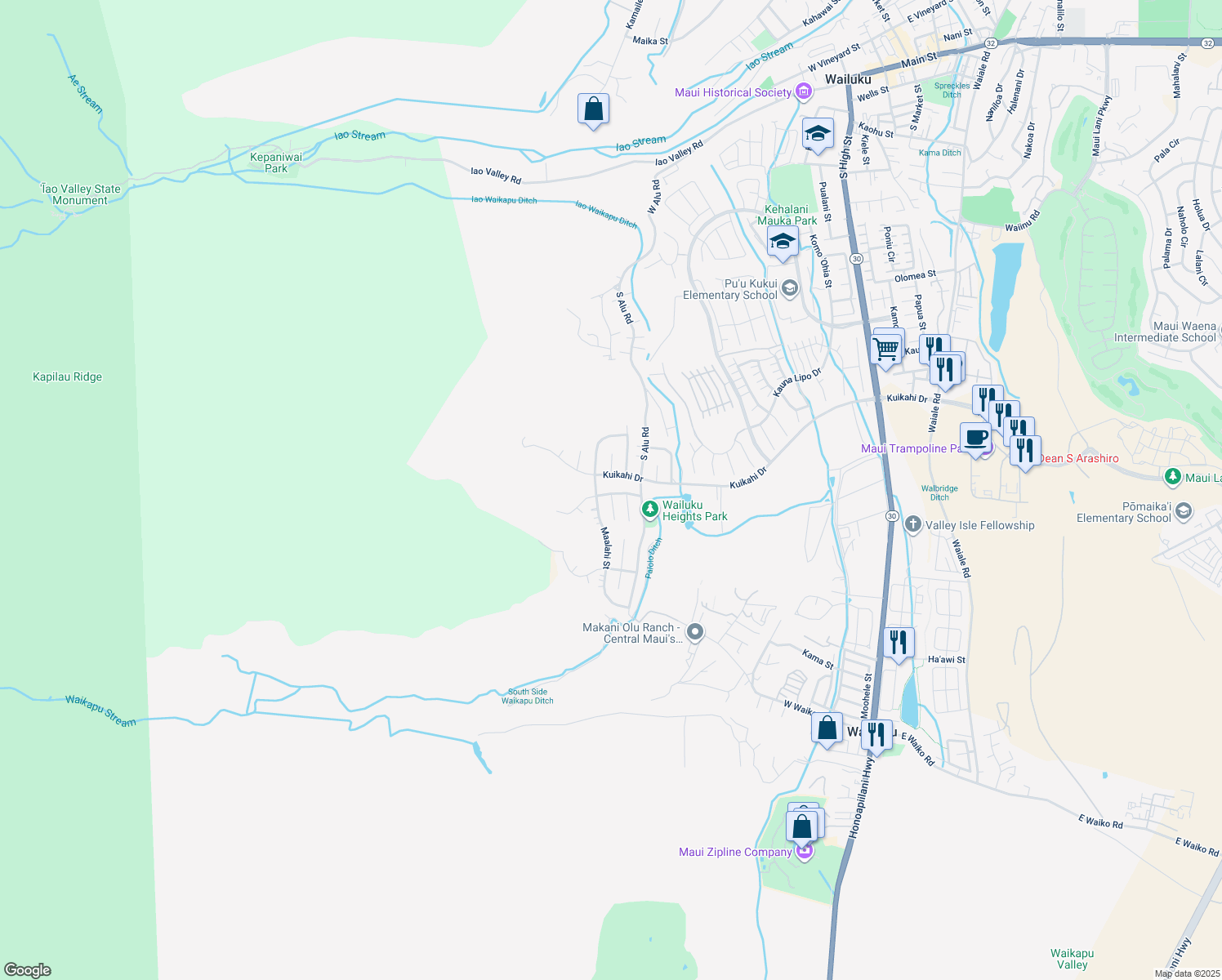 map of restaurants, bars, coffee shops, grocery stores, and more near 460 Polulani Drive in Wailuku
