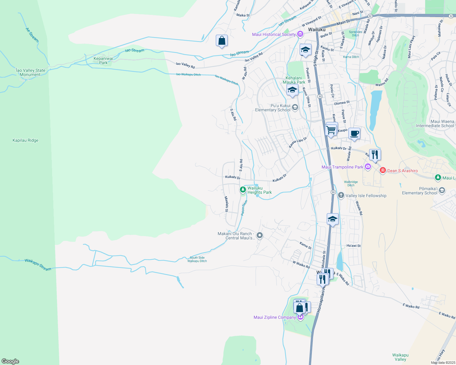 map of restaurants, bars, coffee shops, grocery stores, and more near 460 Polulani Drive in Wailuku