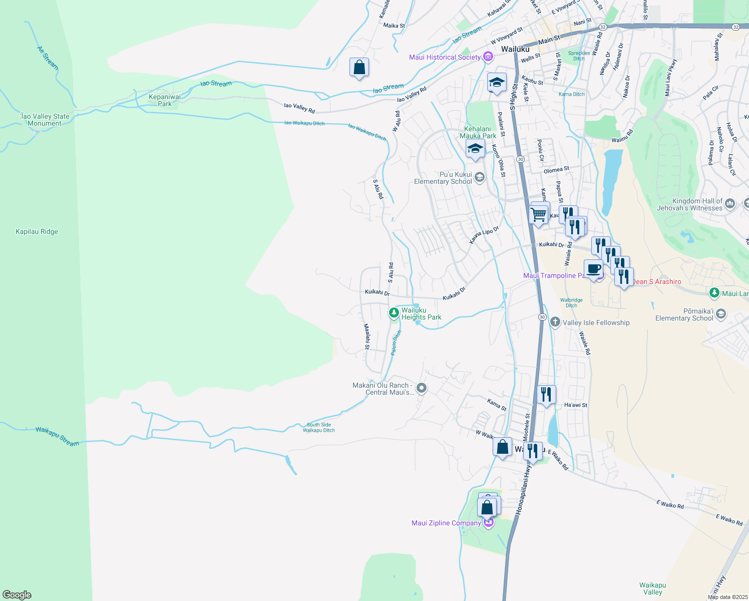 map of restaurants, bars, coffee shops, grocery stores, and more near 446 Polulani Drive in Wailuku