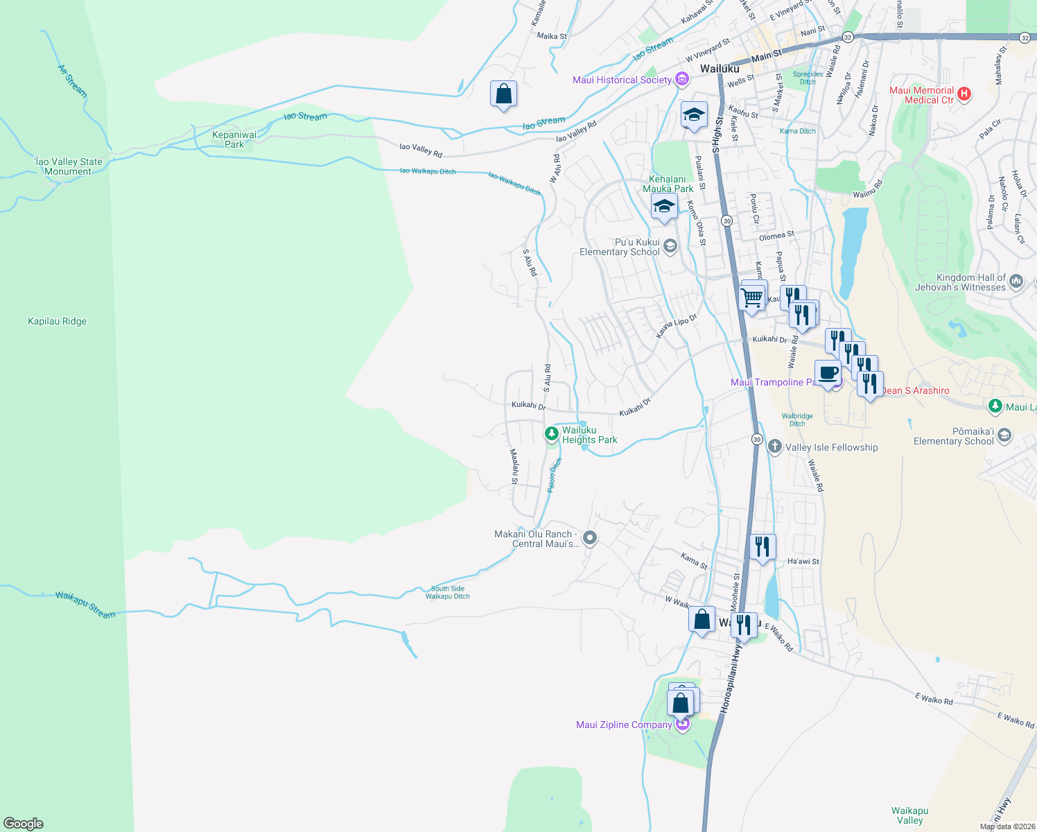 map of restaurants, bars, coffee shops, grocery stores, and more near 602 Anela Place in Wailuku