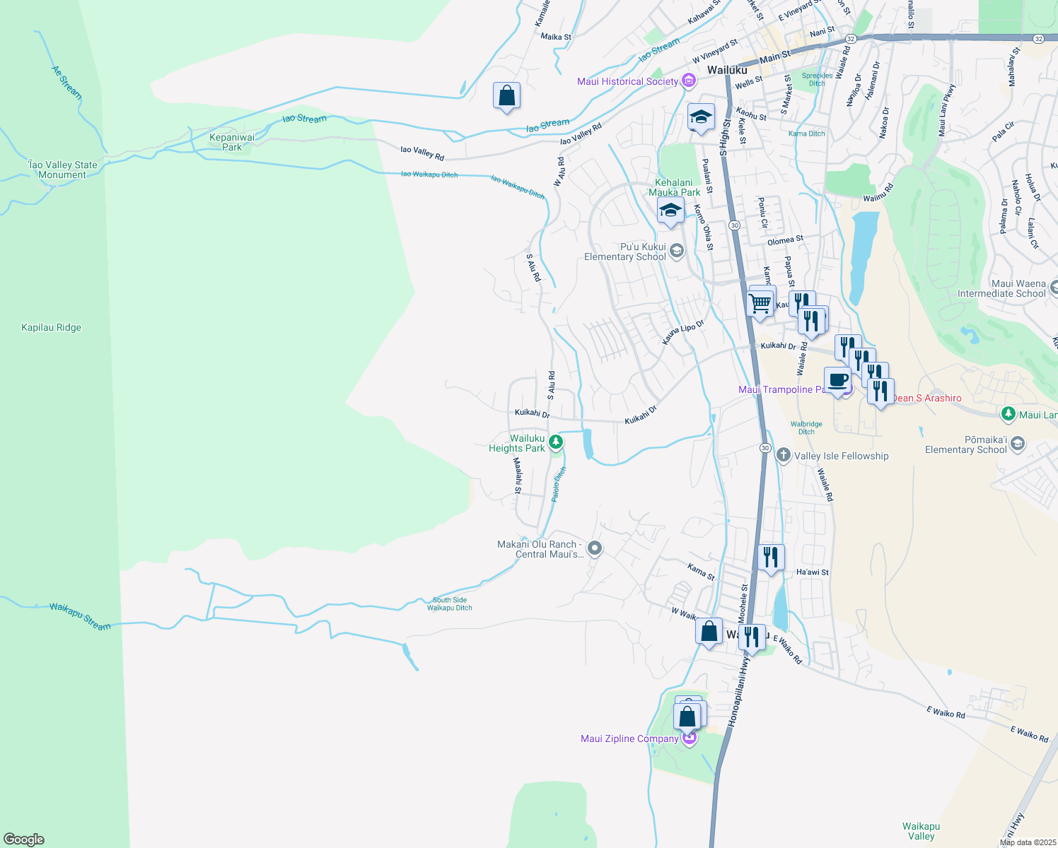 map of restaurants, bars, coffee shops, grocery stores, and more near 446 Polulani Drive in Wailuku