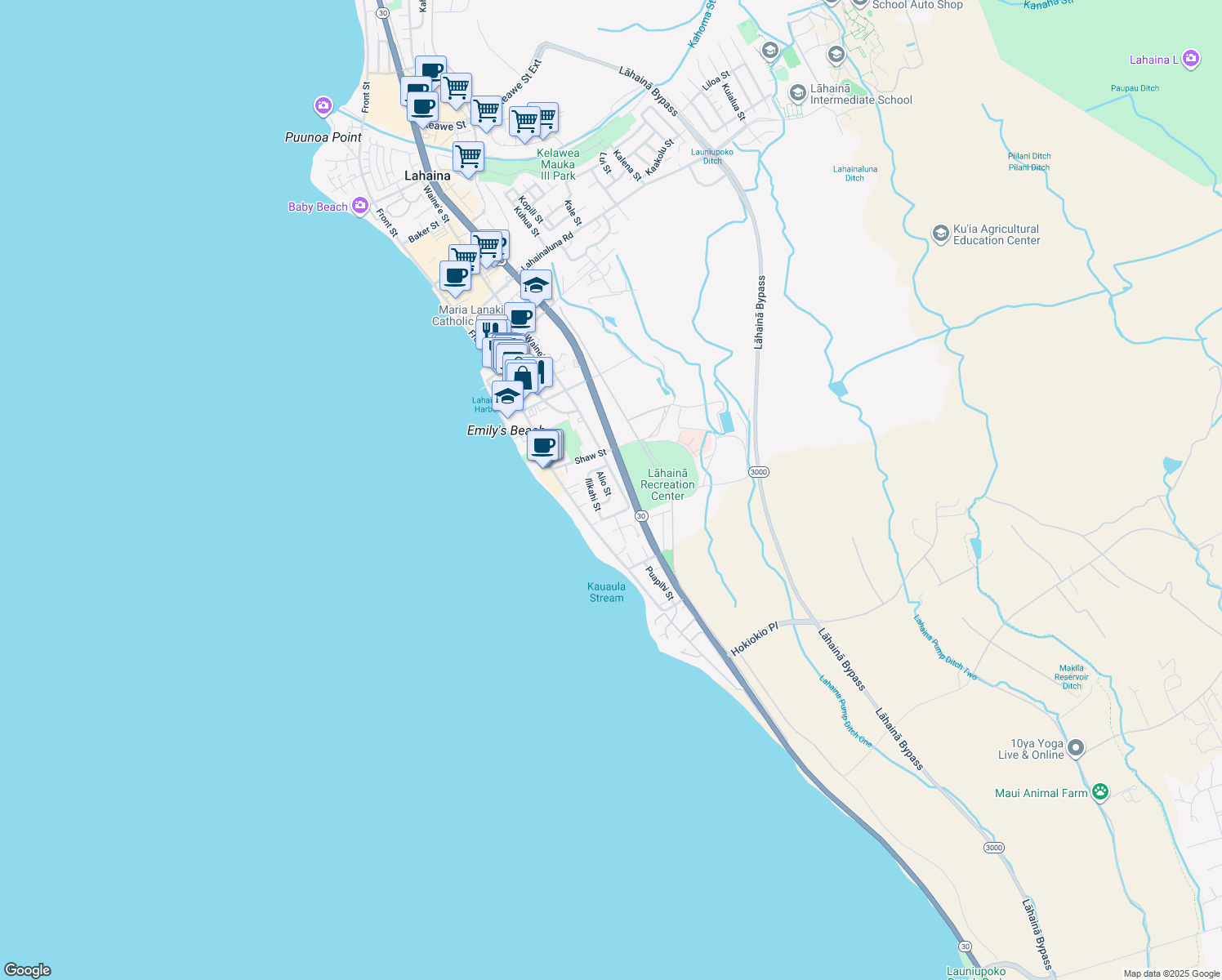 map of restaurants, bars, coffee shops, grocery stores, and more near 434 Alio Street in Lahaina