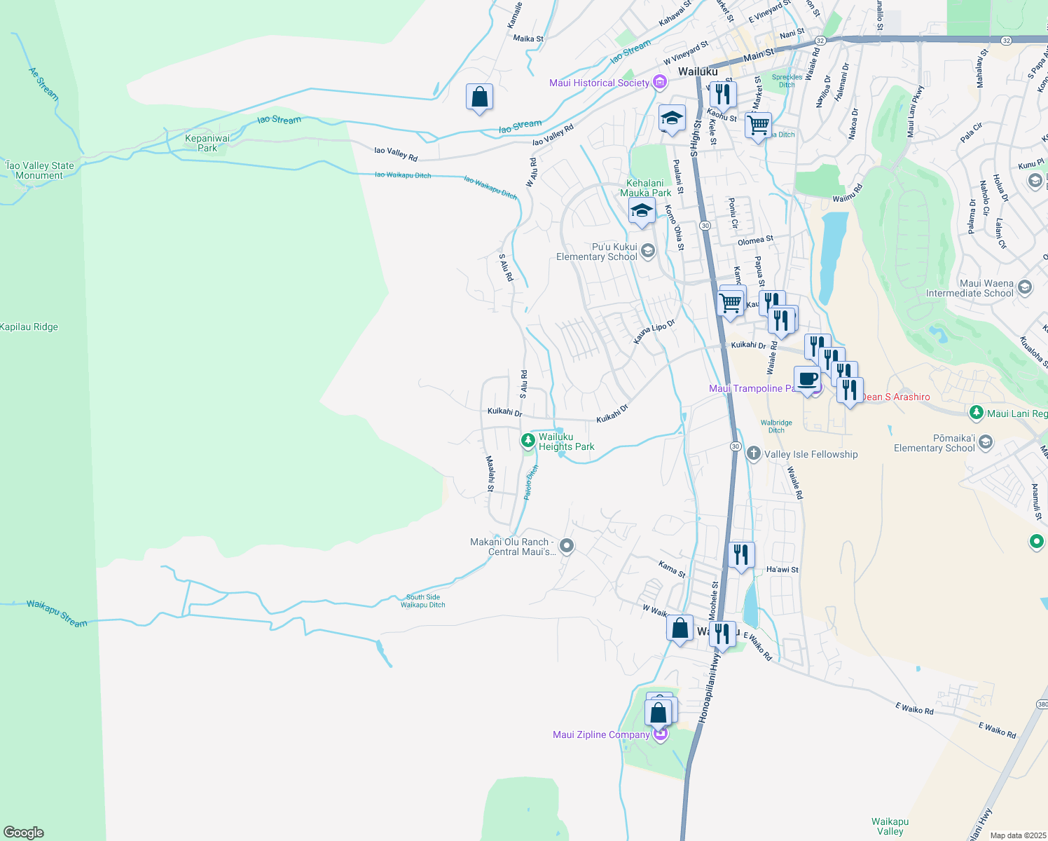map of restaurants, bars, coffee shops, grocery stores, and more near 571 South Alu Road in Wailuku
