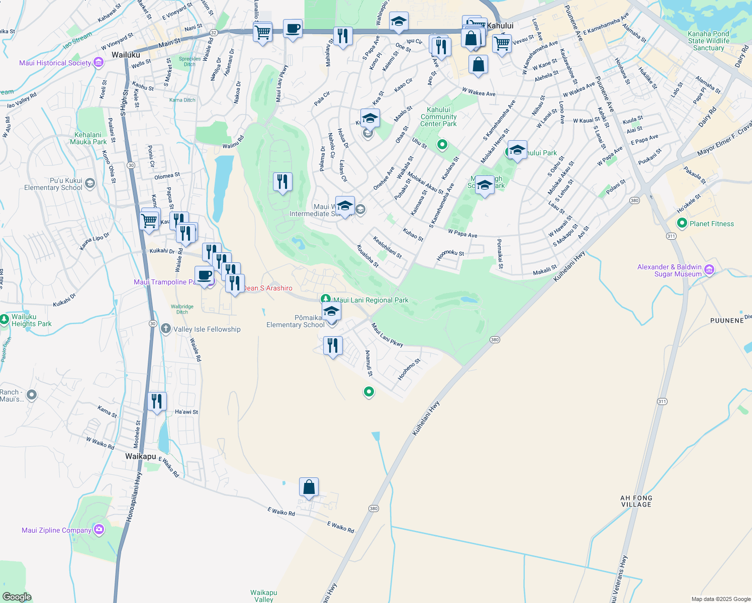 map of restaurants, bars, coffee shops, grocery stores, and more near 22 'Olina Street in Kahului