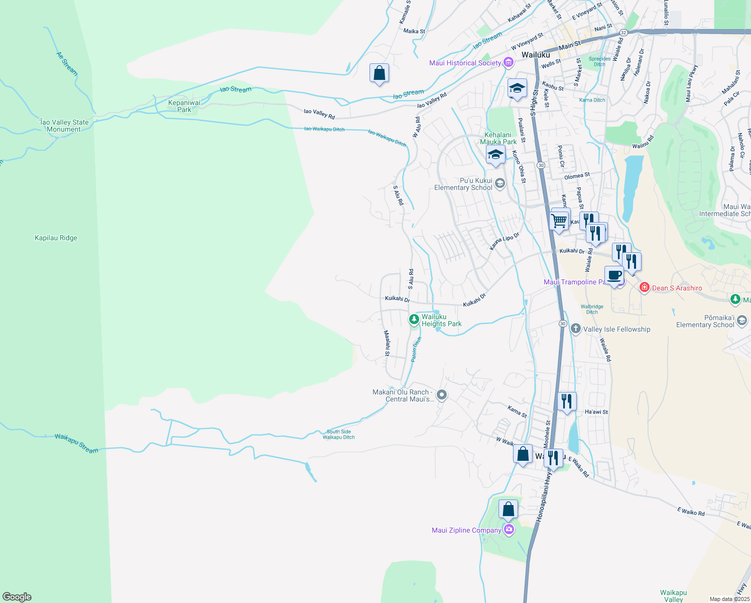 map of restaurants, bars, coffee shops, grocery stores, and more near 503 Kuikahi Drive in Wailuku