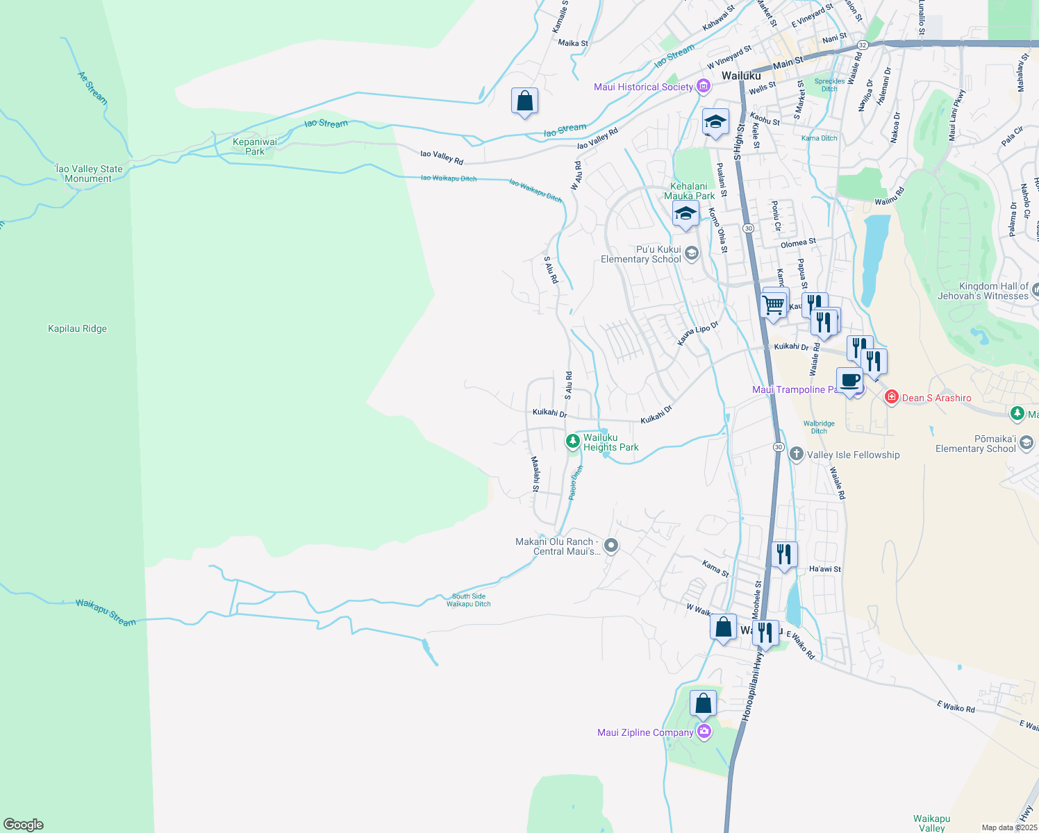 map of restaurants, bars, coffee shops, grocery stores, and more near 551 Iiwi Way in Wailuku