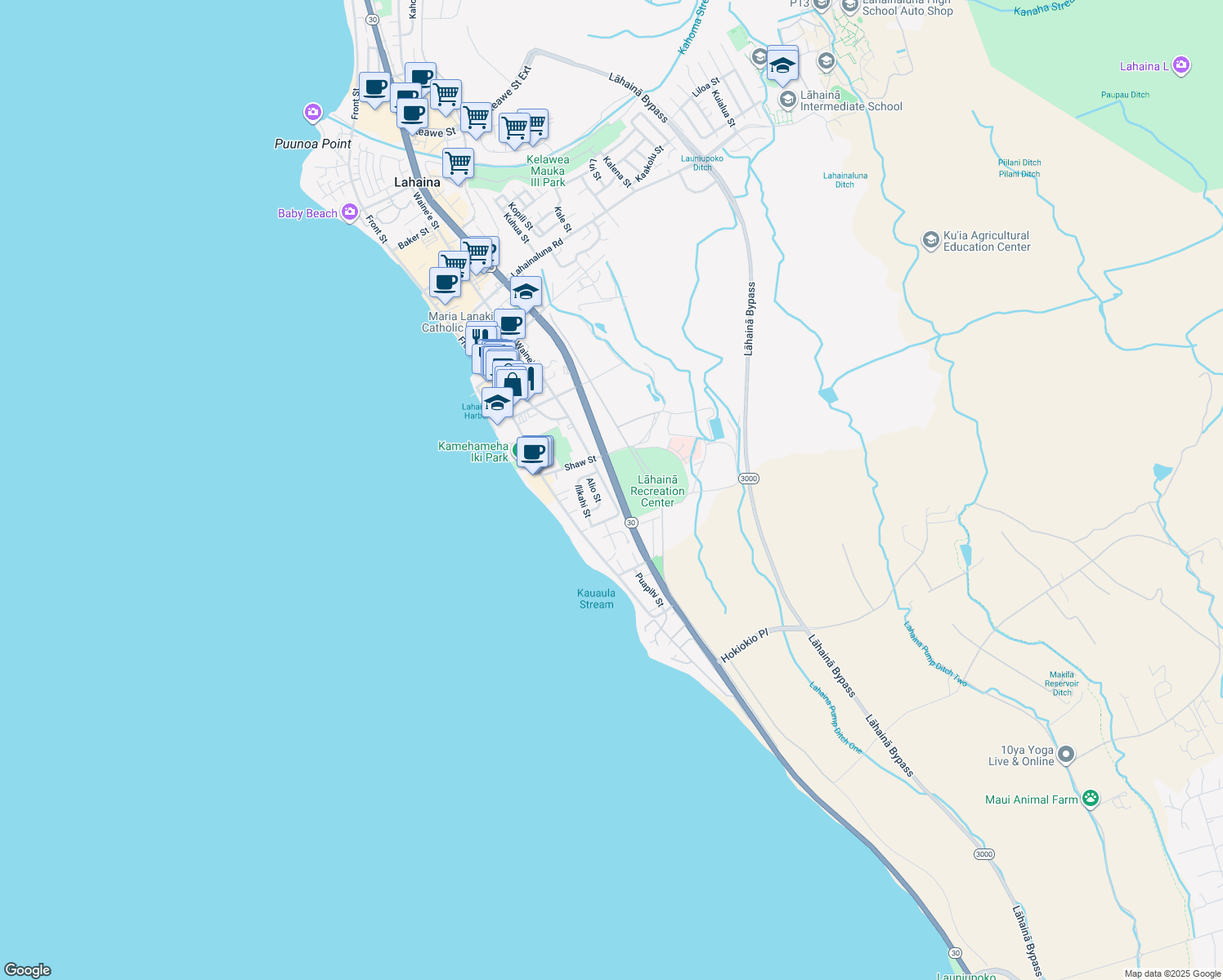 map of restaurants, bars, coffee shops, grocery stores, and more near 438 Waine'e Street in Lahaina