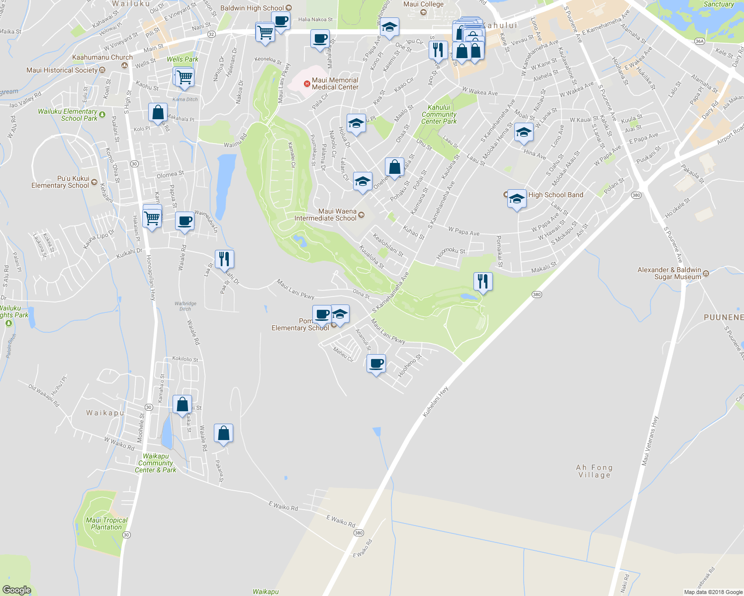 map of restaurants, bars, coffee shops, grocery stores, and more near 30 'Olina Street in Kahului