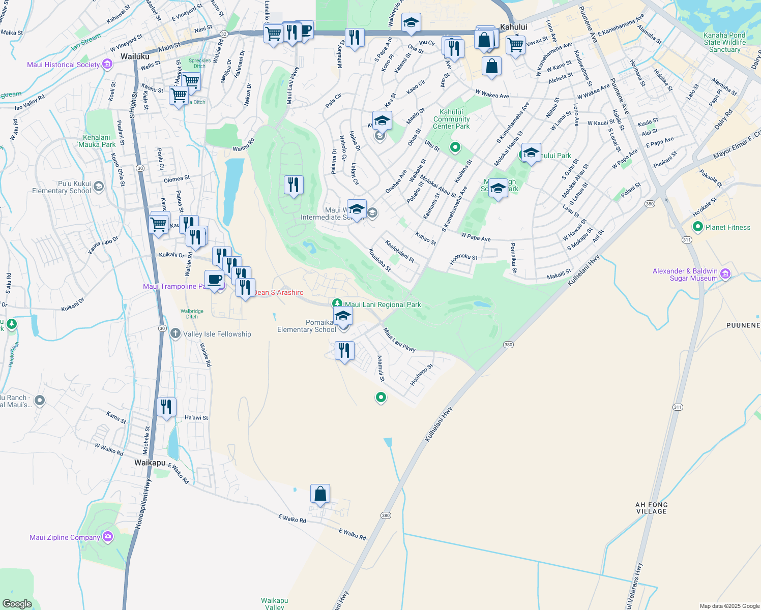 map of restaurants, bars, coffee shops, grocery stores, and more near 34 'Olina Street in Kahului