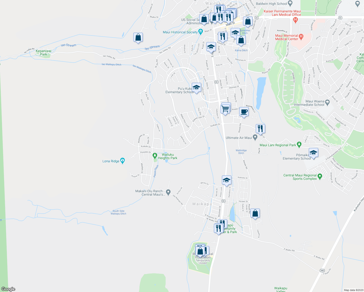 map of restaurants, bars, coffee shops, grocery stores, and more near 14 Noho'ana Place in Wailuku