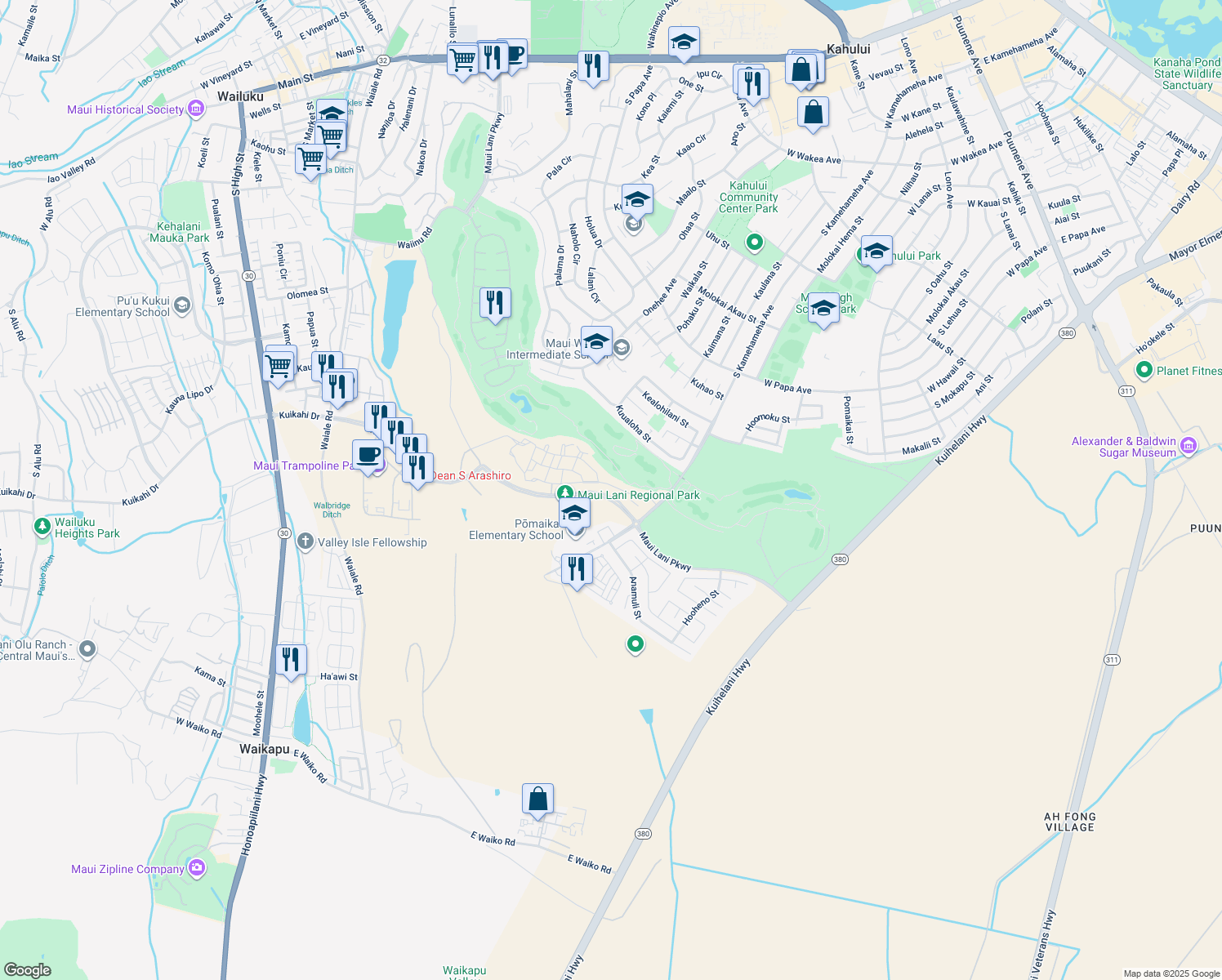 map of restaurants, bars, coffee shops, grocery stores, and more near 63 'Olina Street in Kahului