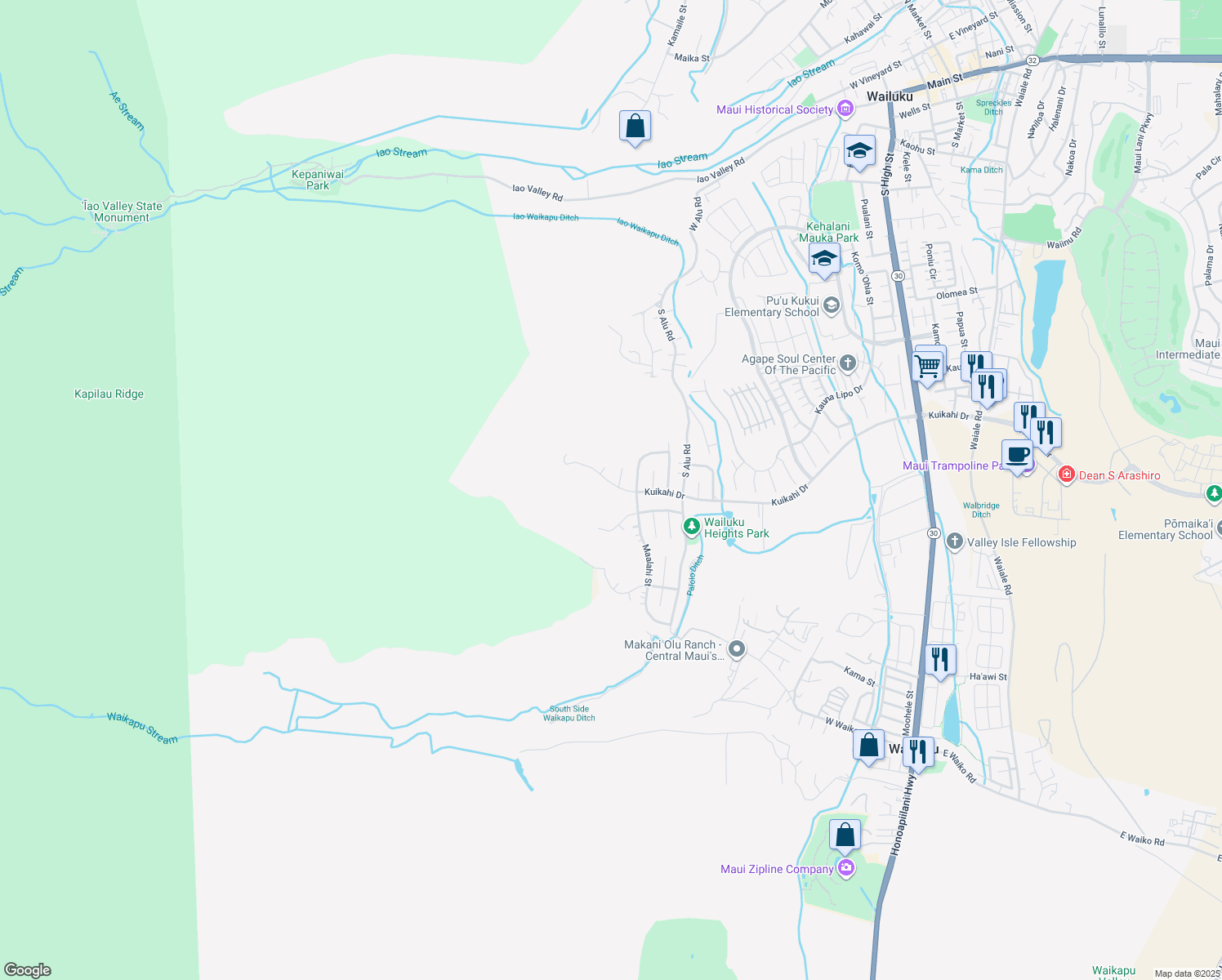 map of restaurants, bars, coffee shops, grocery stores, and more near 527 Kuikahi Drive in Wailuku