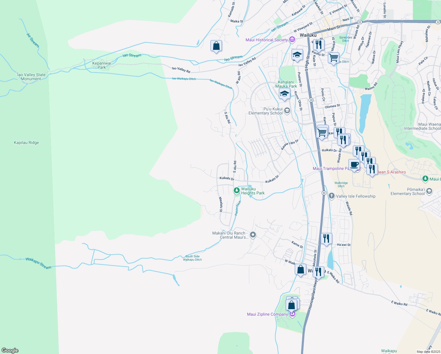 map of restaurants, bars, coffee shops, grocery stores, and more near 472 Hiilei Place in Wailuku