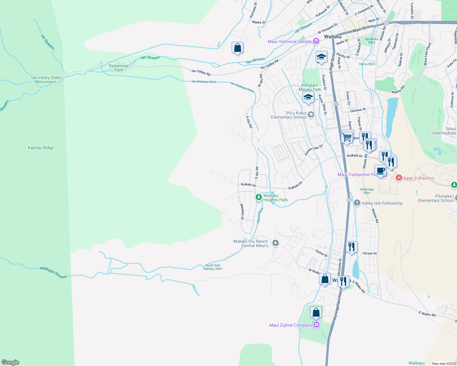 map of restaurants, bars, coffee shops, grocery stores, and more near 527 Kuikahi Drive in Wailuku