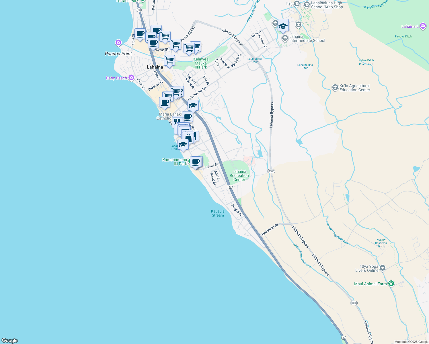 map of restaurants, bars, coffee shops, grocery stores, and more near 469 Alio Street in Lahaina