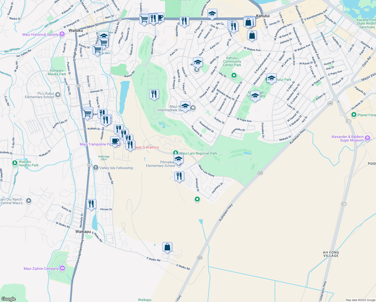map of restaurants, bars, coffee shops, grocery stores, and more near 71 'Olina Street in Kahului