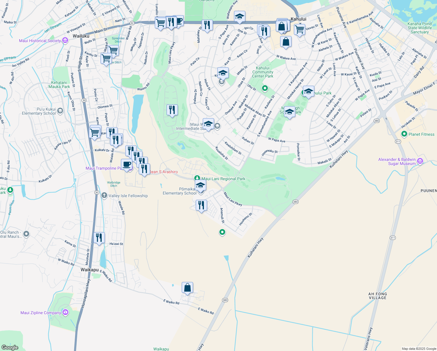 map of restaurants, bars, coffee shops, grocery stores, and more near 46 'Olina Street in Kahului