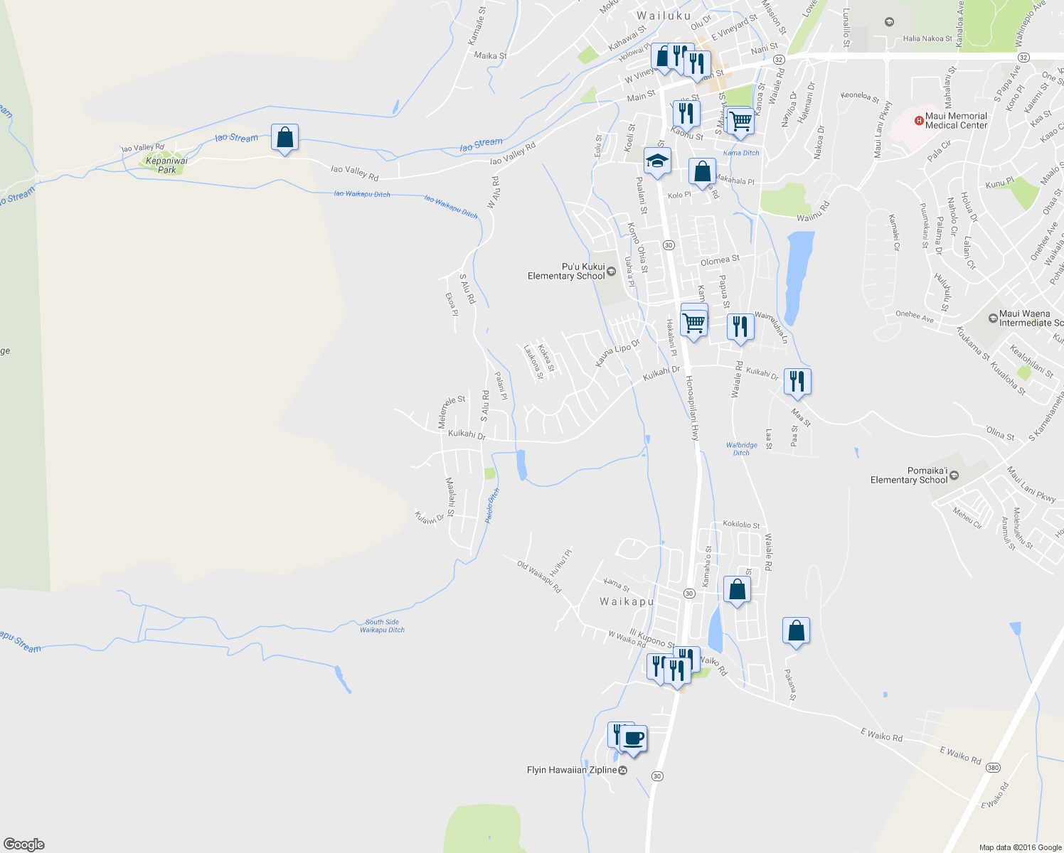 map of restaurants, bars, coffee shops, grocery stores, and more near 32 Papakapu Place in Wailuku