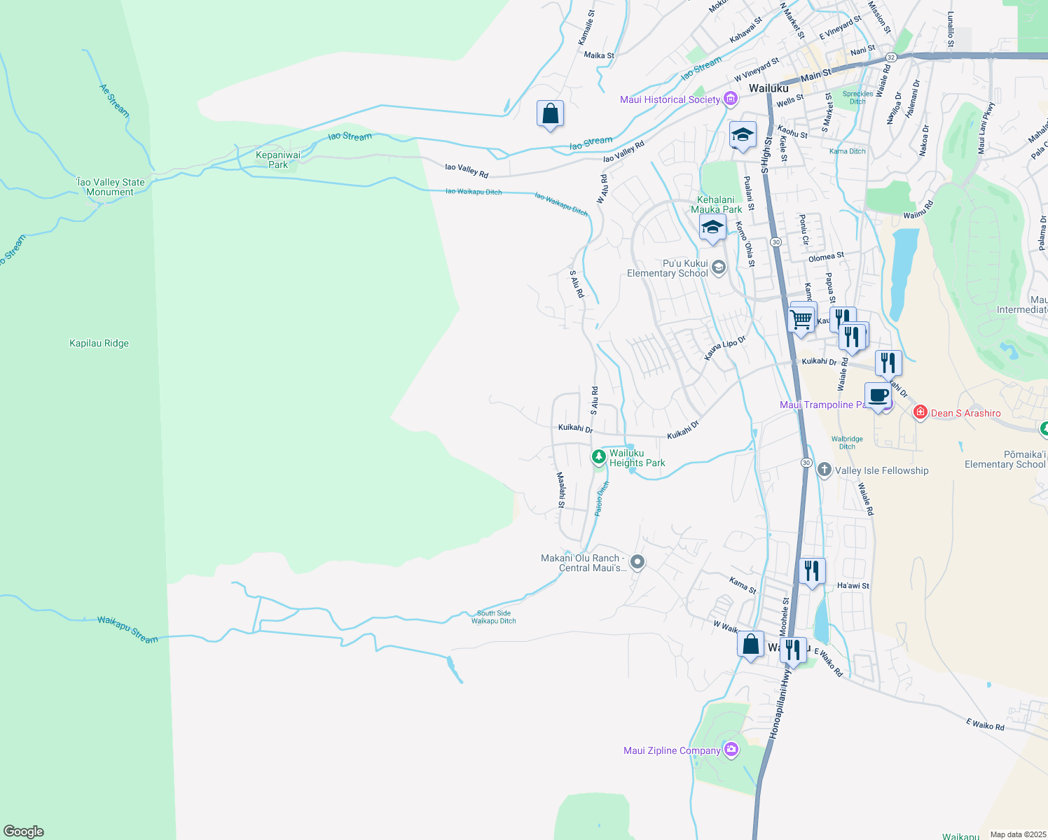 map of restaurants, bars, coffee shops, grocery stores, and more near 535 Kuikahi Drive in Wailuku