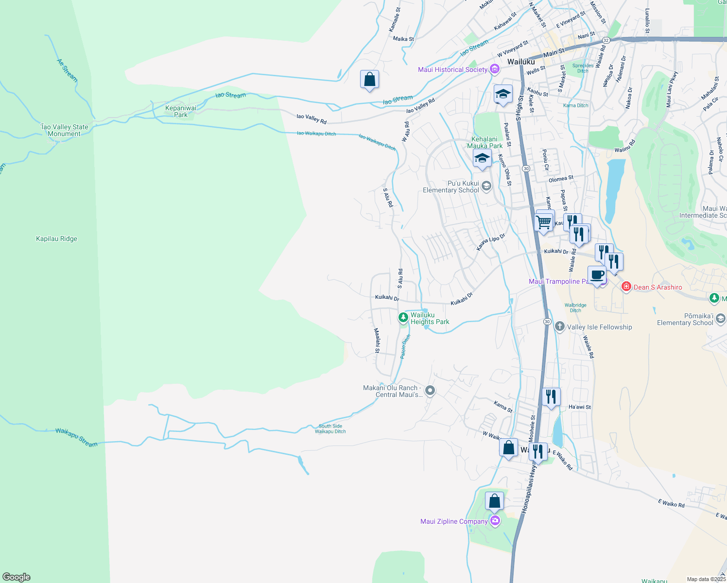 map of restaurants, bars, coffee shops, grocery stores, and more near 551 Iiwi Way in Wailuku