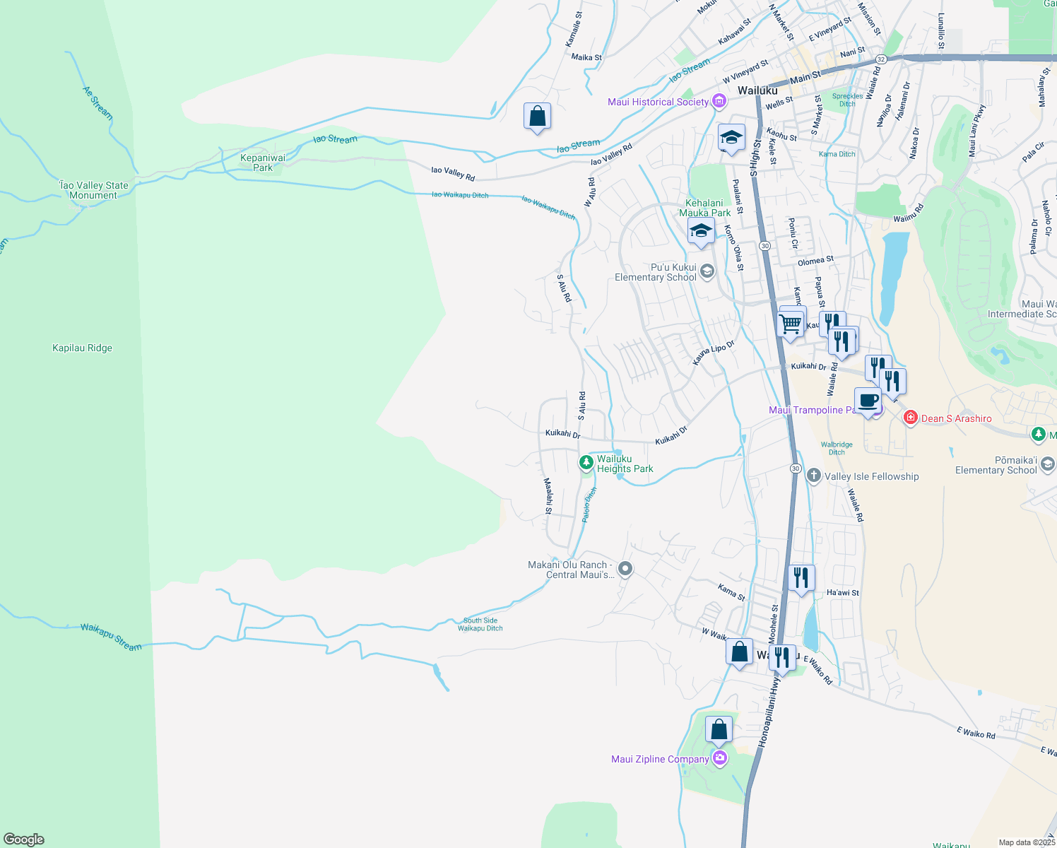 map of restaurants, bars, coffee shops, grocery stores, and more near 551 Iiwi Way in Wailuku