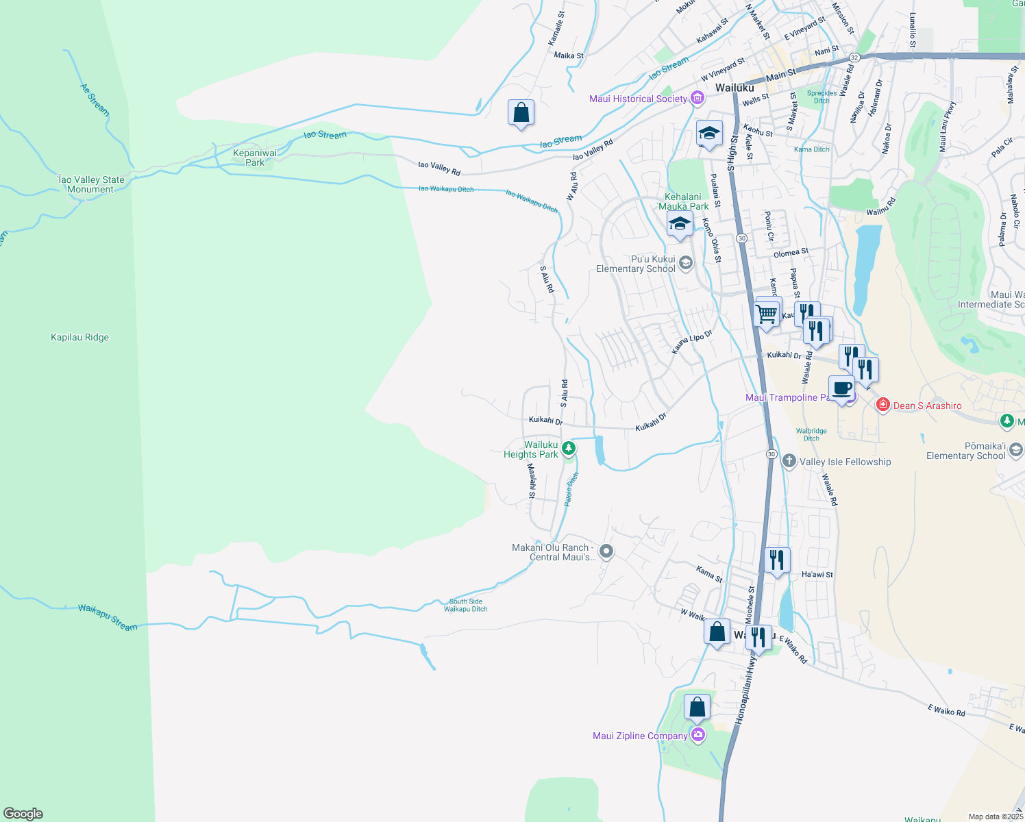 map of restaurants, bars, coffee shops, grocery stores, and more near 551 Iiwi Way in Wailuku