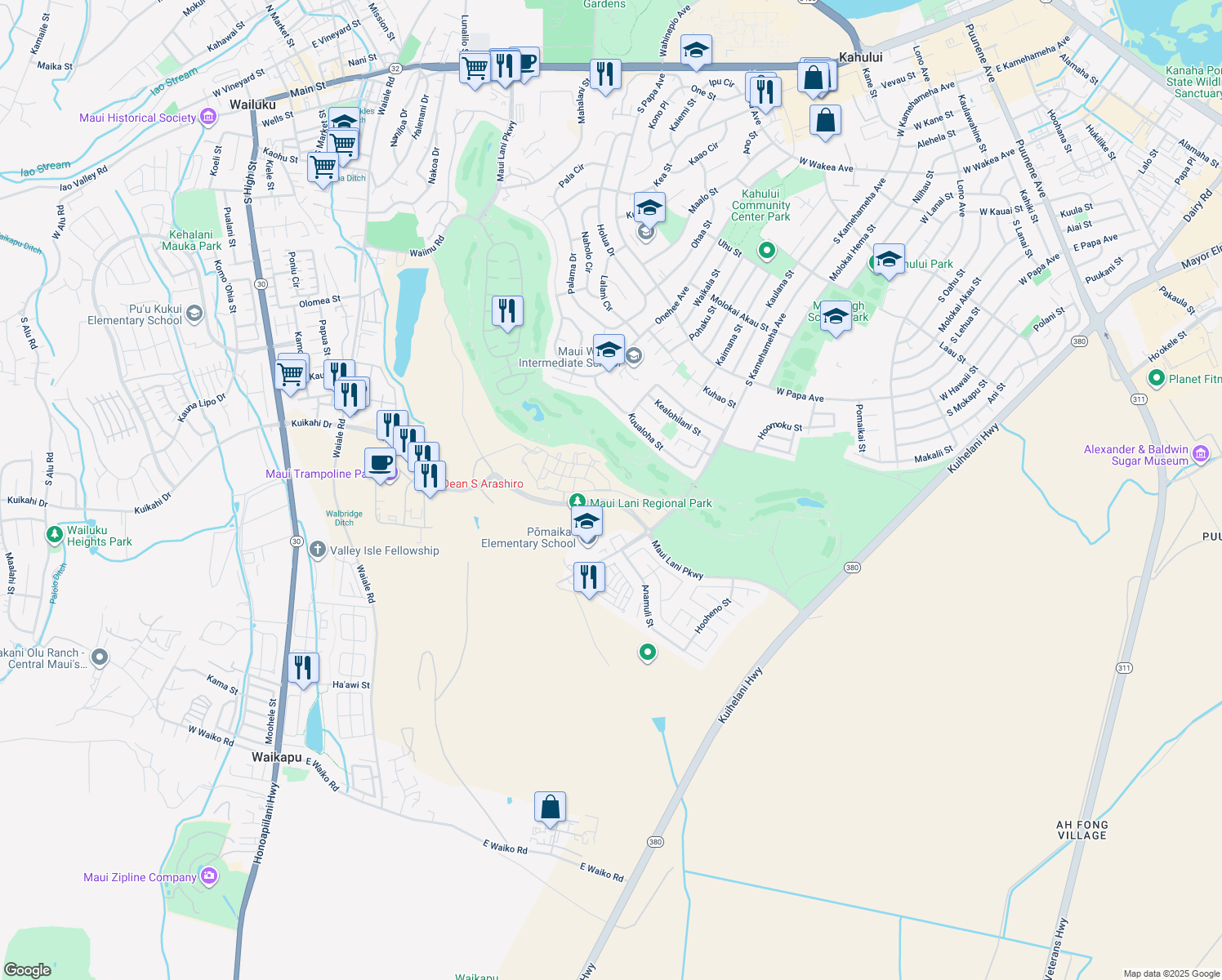 map of restaurants, bars, coffee shops, grocery stores, and more near 84 'Olina Street in Kahului
