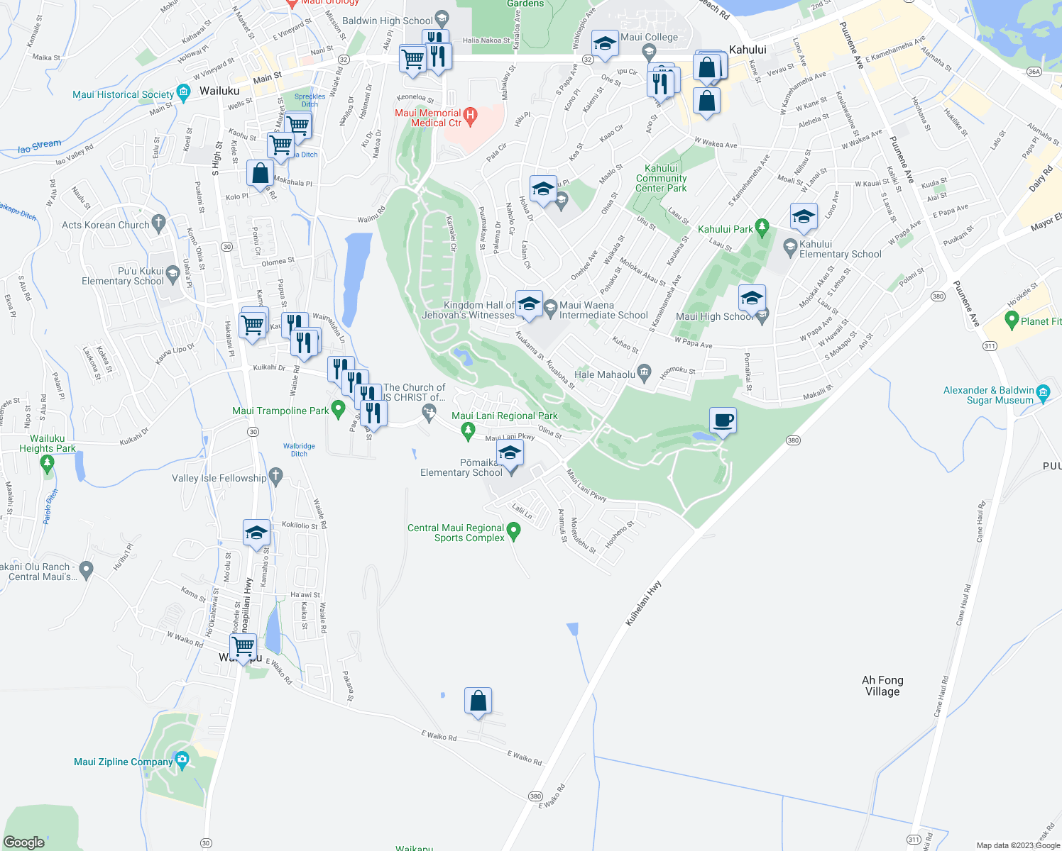 map of restaurants, bars, coffee shops, grocery stores, and more near 119 'Olina Street in Kahului