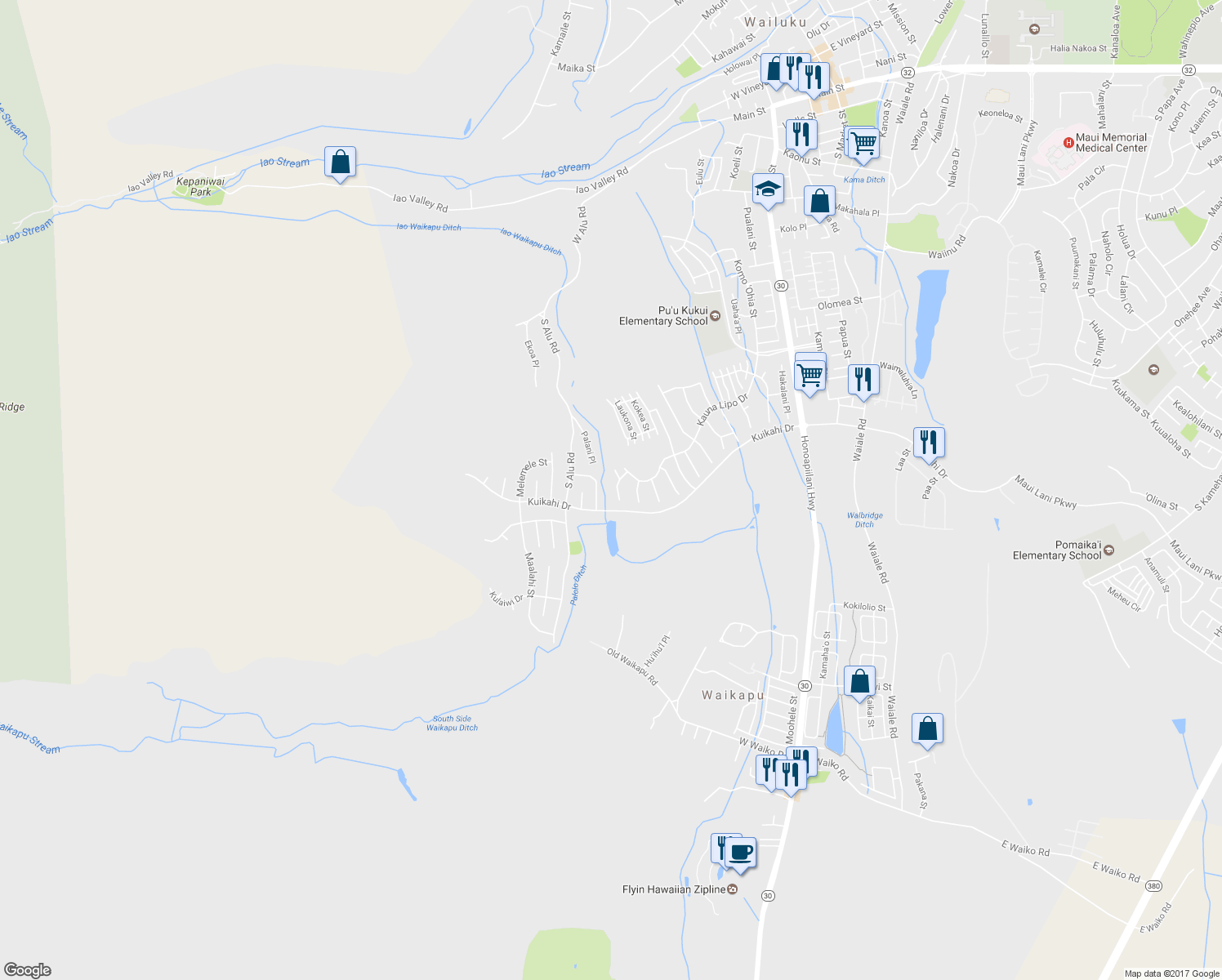 map of restaurants, bars, coffee shops, grocery stores, and more near 45 Papakapu Place in Wailuku