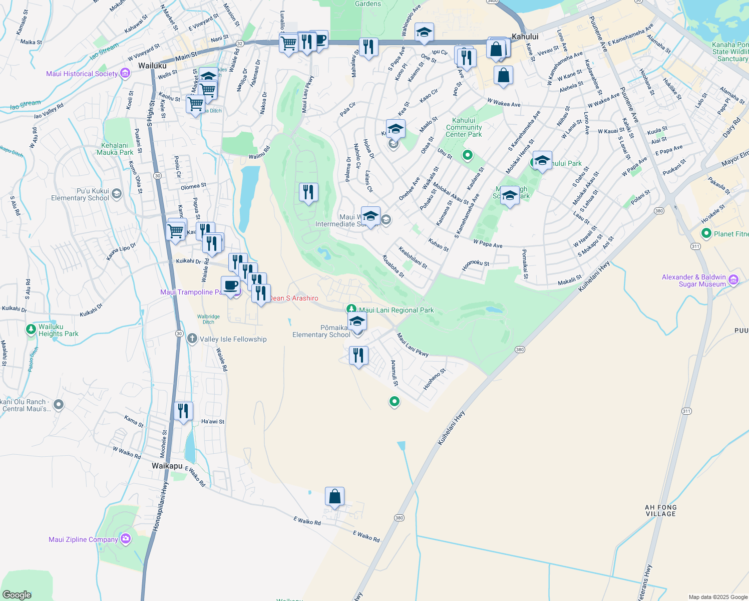 map of restaurants, bars, coffee shops, grocery stores, and more near 12 Unahe Street in Kahului