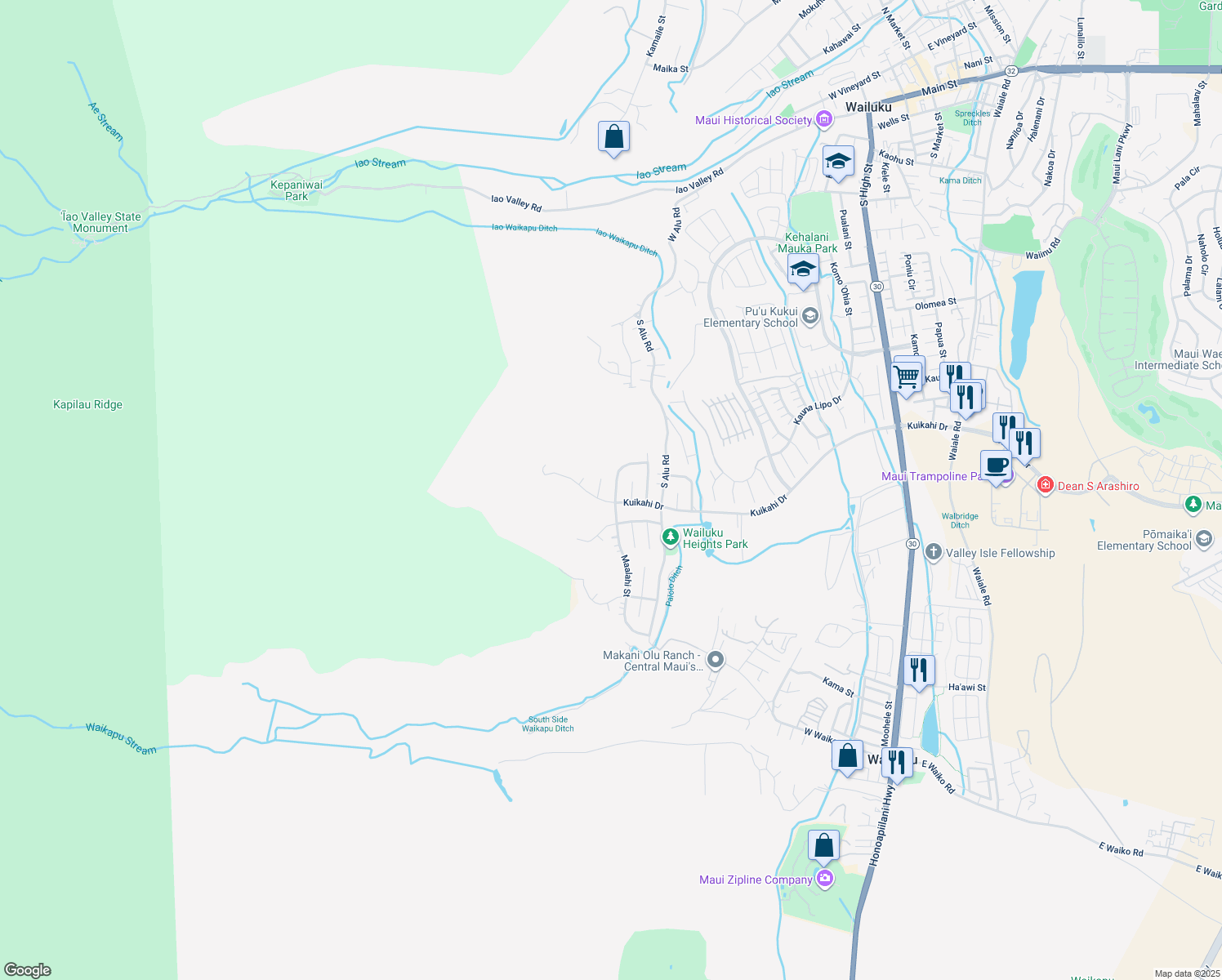 map of restaurants, bars, coffee shops, grocery stores, and more near 546 Melemele Street in Wailuku