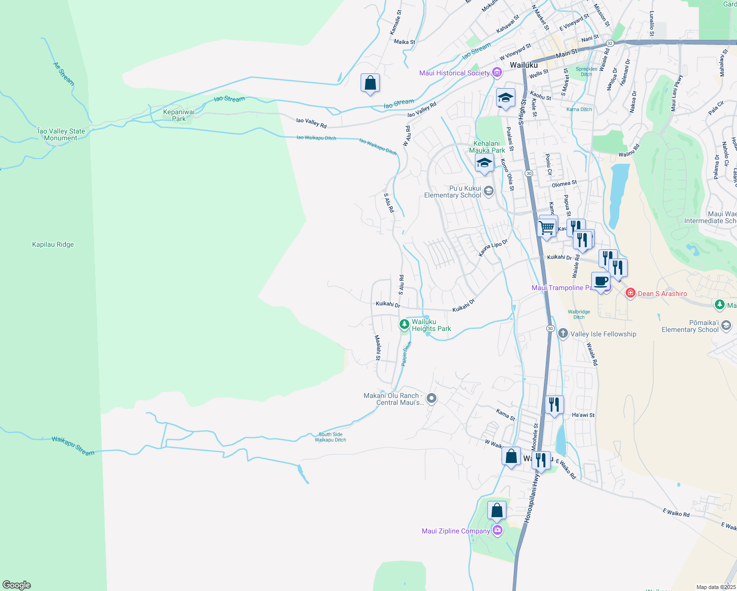 map of restaurants, bars, coffee shops, grocery stores, and more near 546 Melemele Street in Wailuku