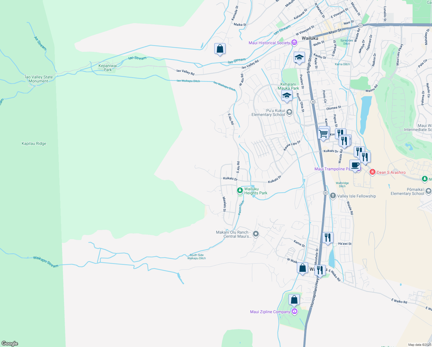 map of restaurants, bars, coffee shops, grocery stores, and more near 545 Iiwi Way in Wailuku
