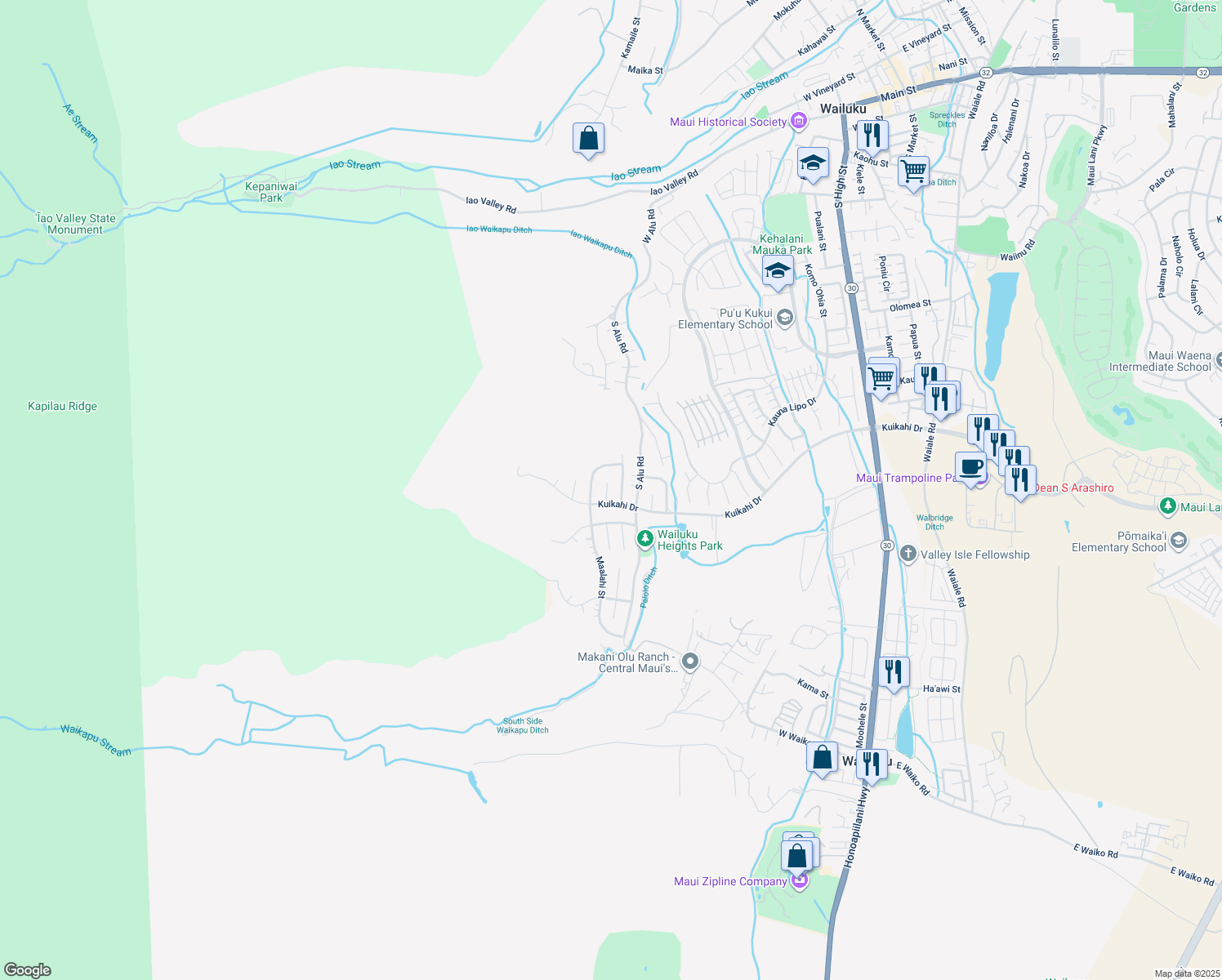 map of restaurants, bars, coffee shops, grocery stores, and more near 539 Hiilei Place in Wailuku