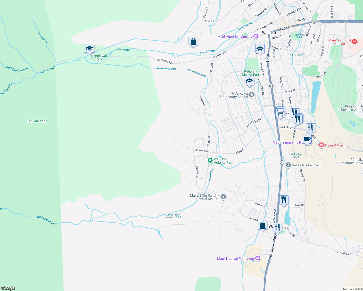 map of restaurants, bars, coffee shops, grocery stores, and more near 553 Kuikahi Drive in Wailuku