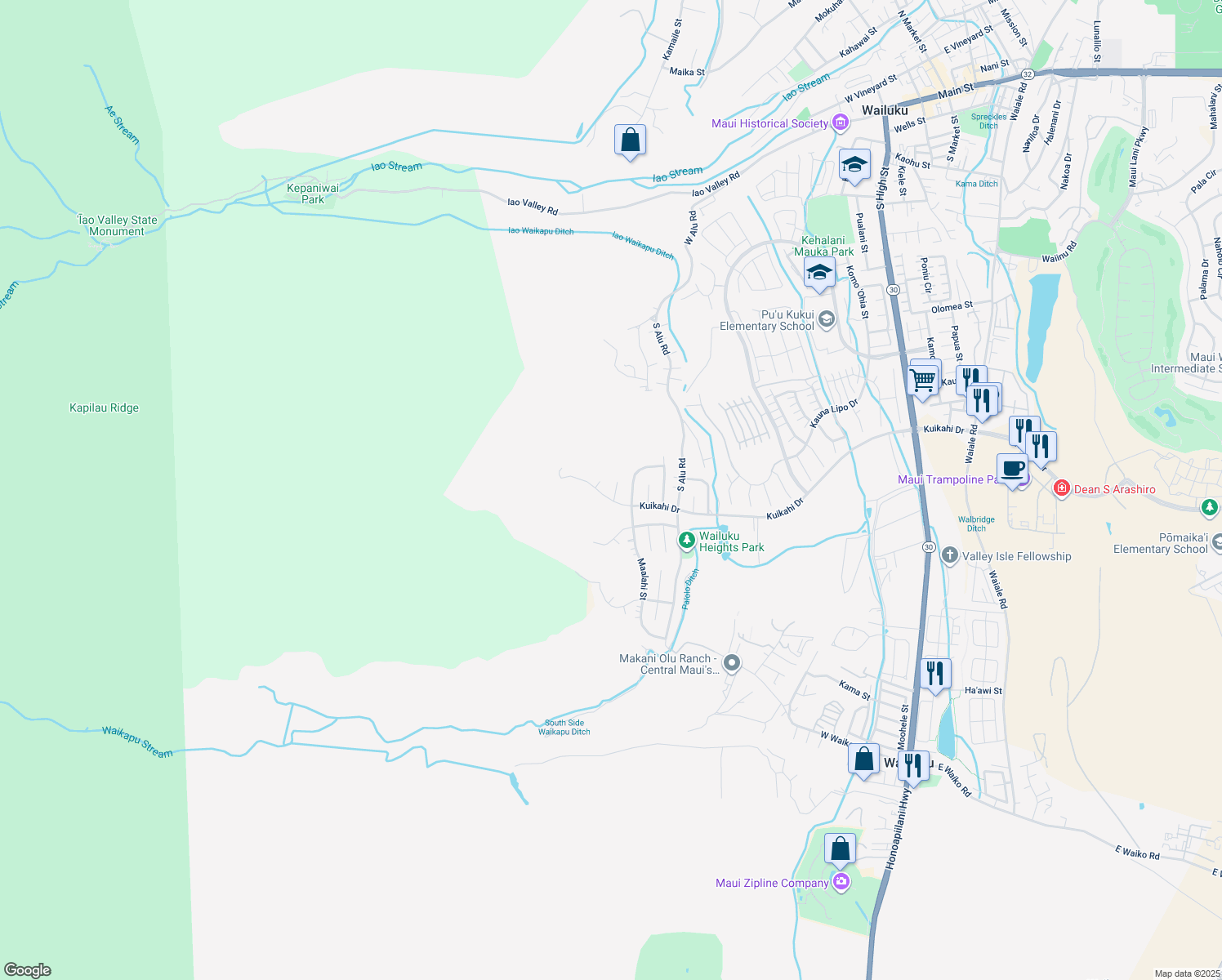 map of restaurants, bars, coffee shops, grocery stores, and more near 544 Iiwi Way in Wailuku
