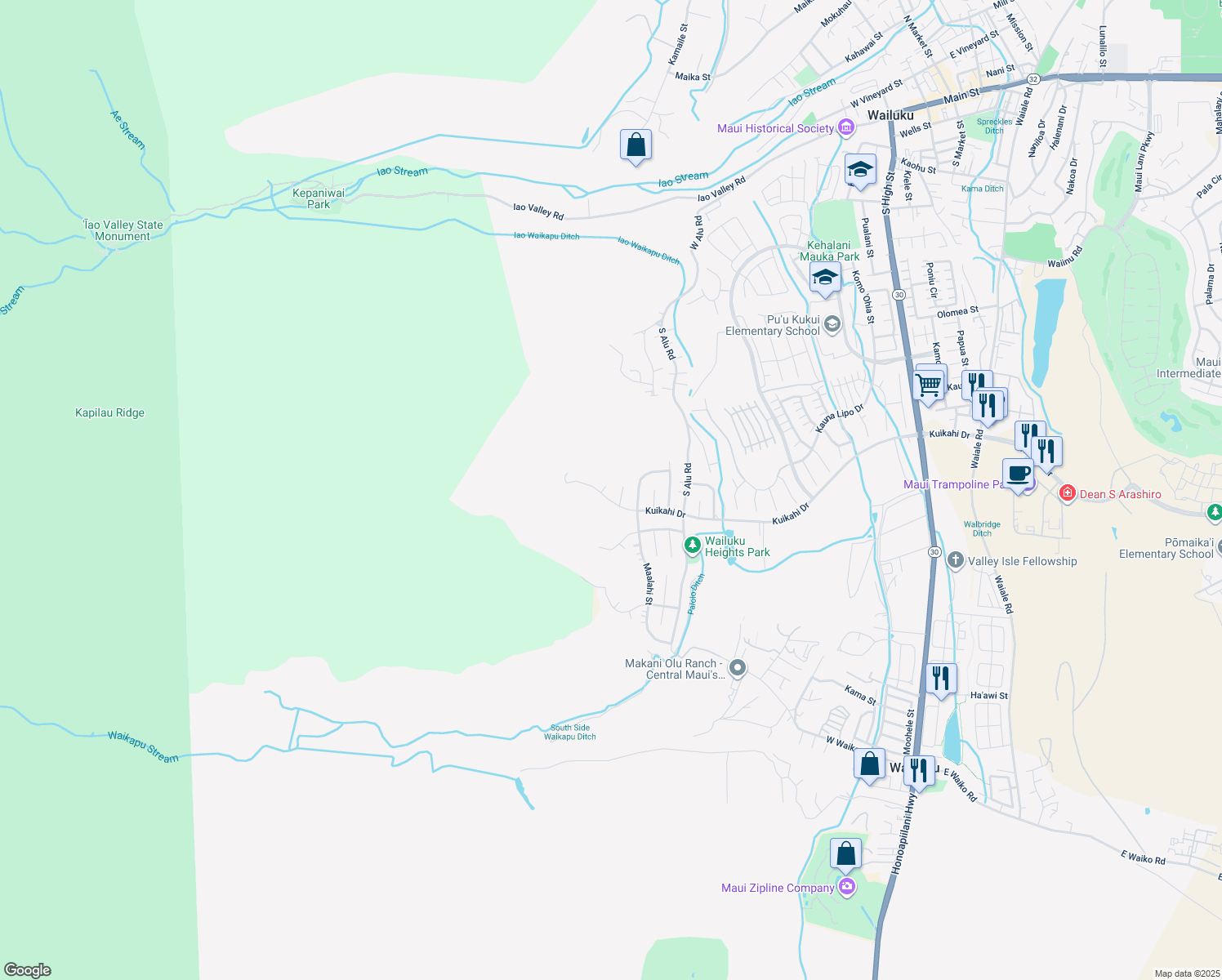 map of restaurants, bars, coffee shops, grocery stores, and more near 551 Lii Way in Wailuku