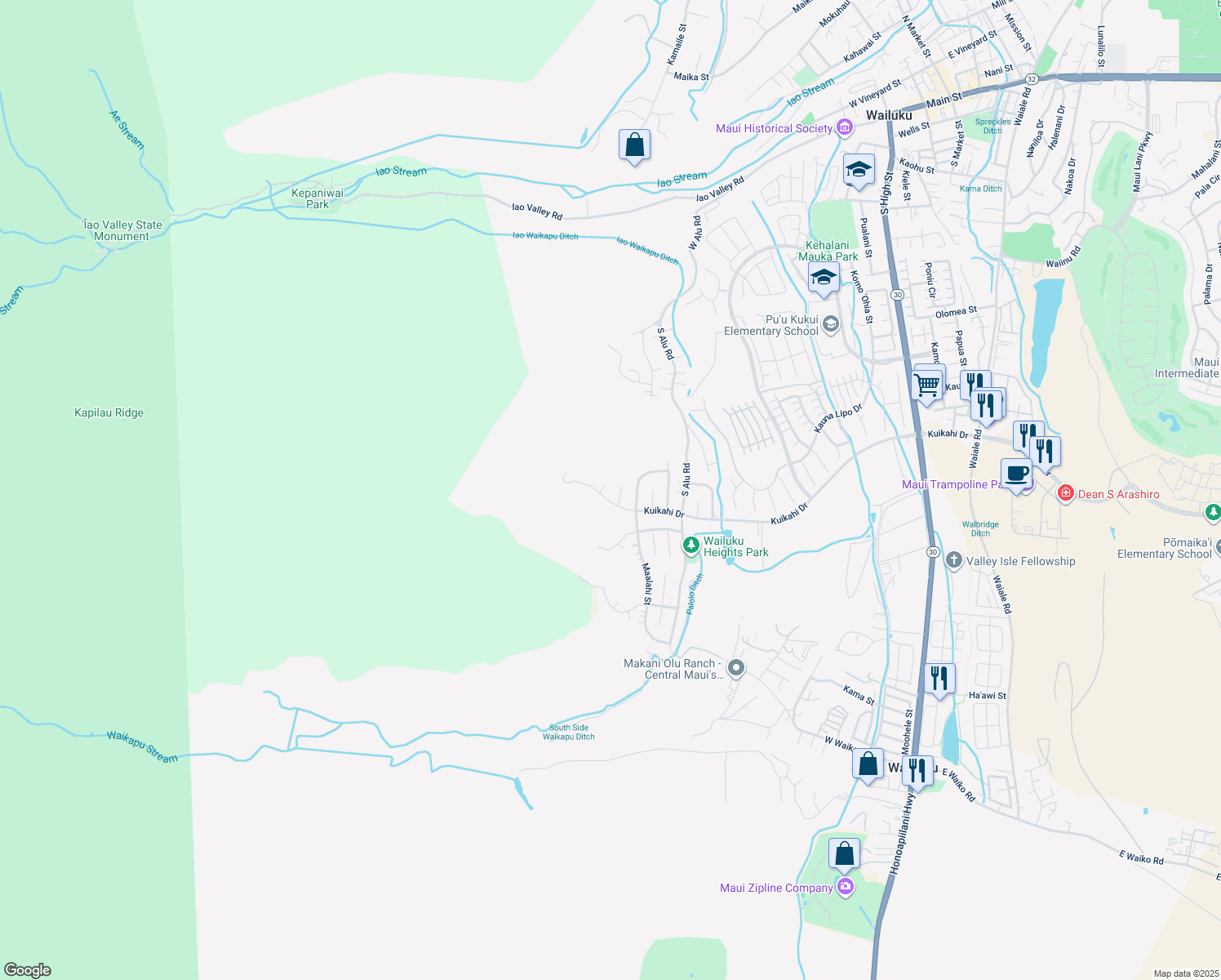 map of restaurants, bars, coffee shops, grocery stores, and more near 551 Lii Way in Wailuku