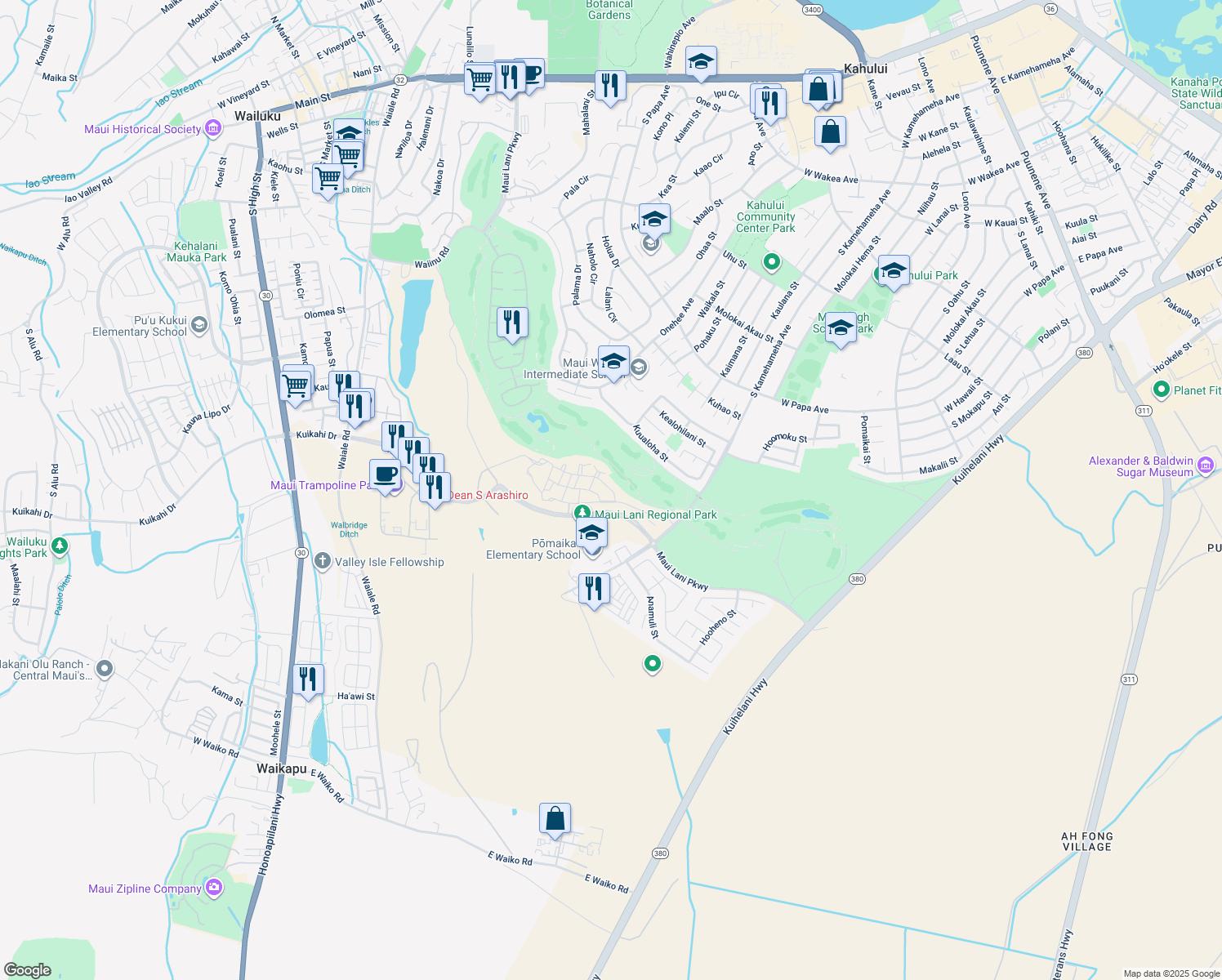 map of restaurants, bars, coffee shops, grocery stores, and more near 20 Unahe Street in Kahului