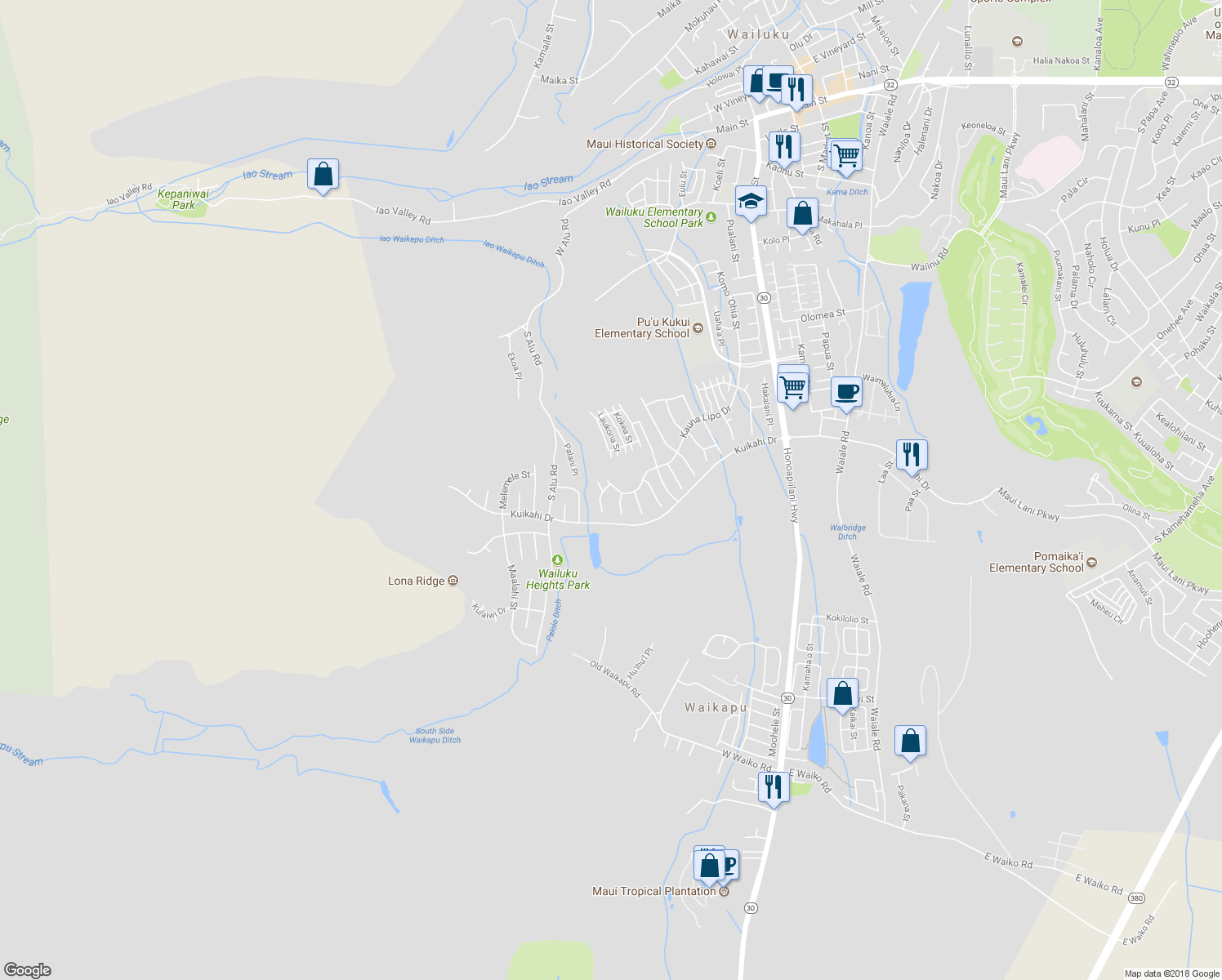map of restaurants, bars, coffee shops, grocery stores, and more near 74 Papakapu Place in Wailuku