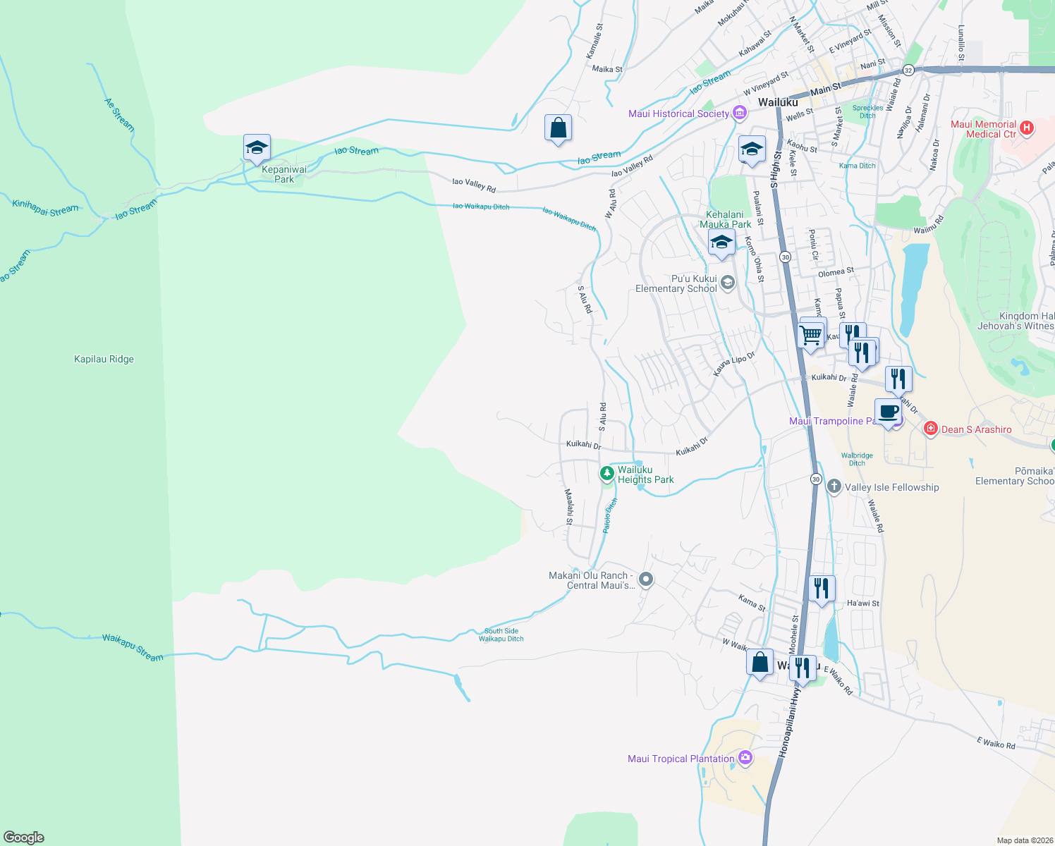 map of restaurants, bars, coffee shops, grocery stores, and more near 553 Kuikahi Drive in Wailuku