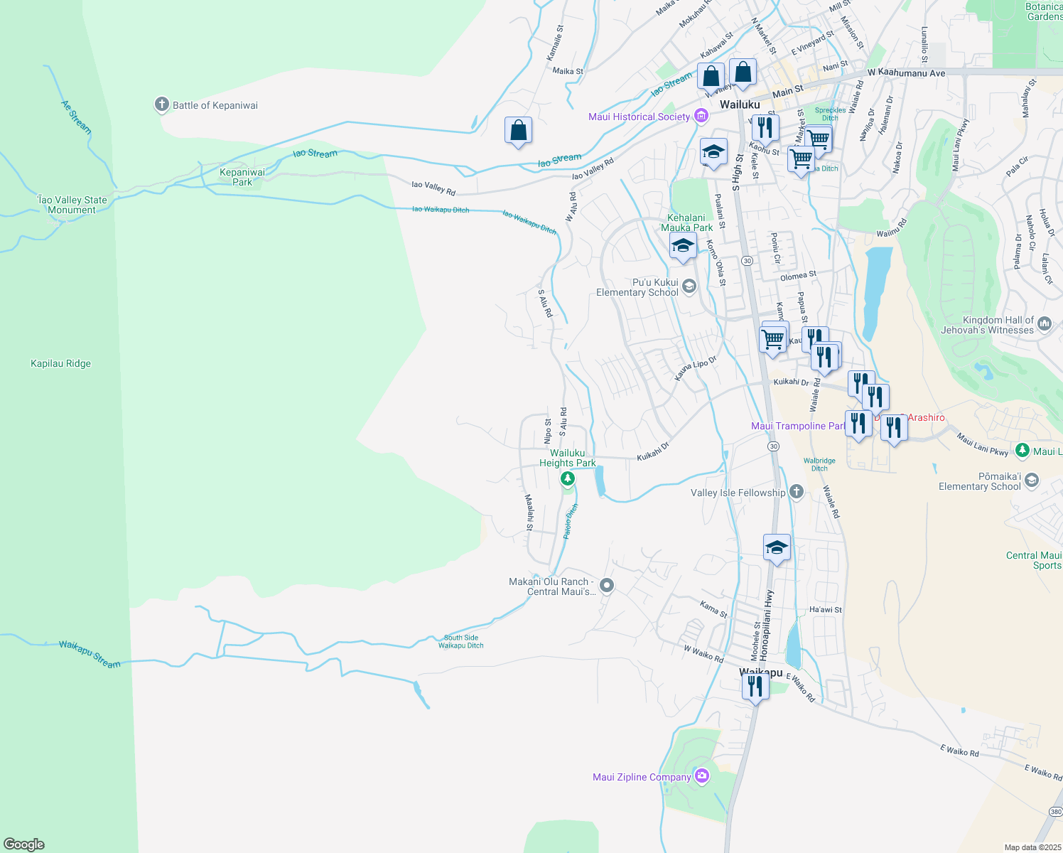 map of restaurants, bars, coffee shops, grocery stores, and more near 524 Hiilei Place in Wailuku