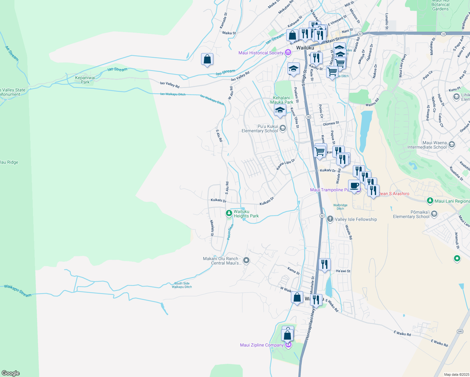 map of restaurants, bars, coffee shops, grocery stores, and more near 521 Kualau Street in Wailuku