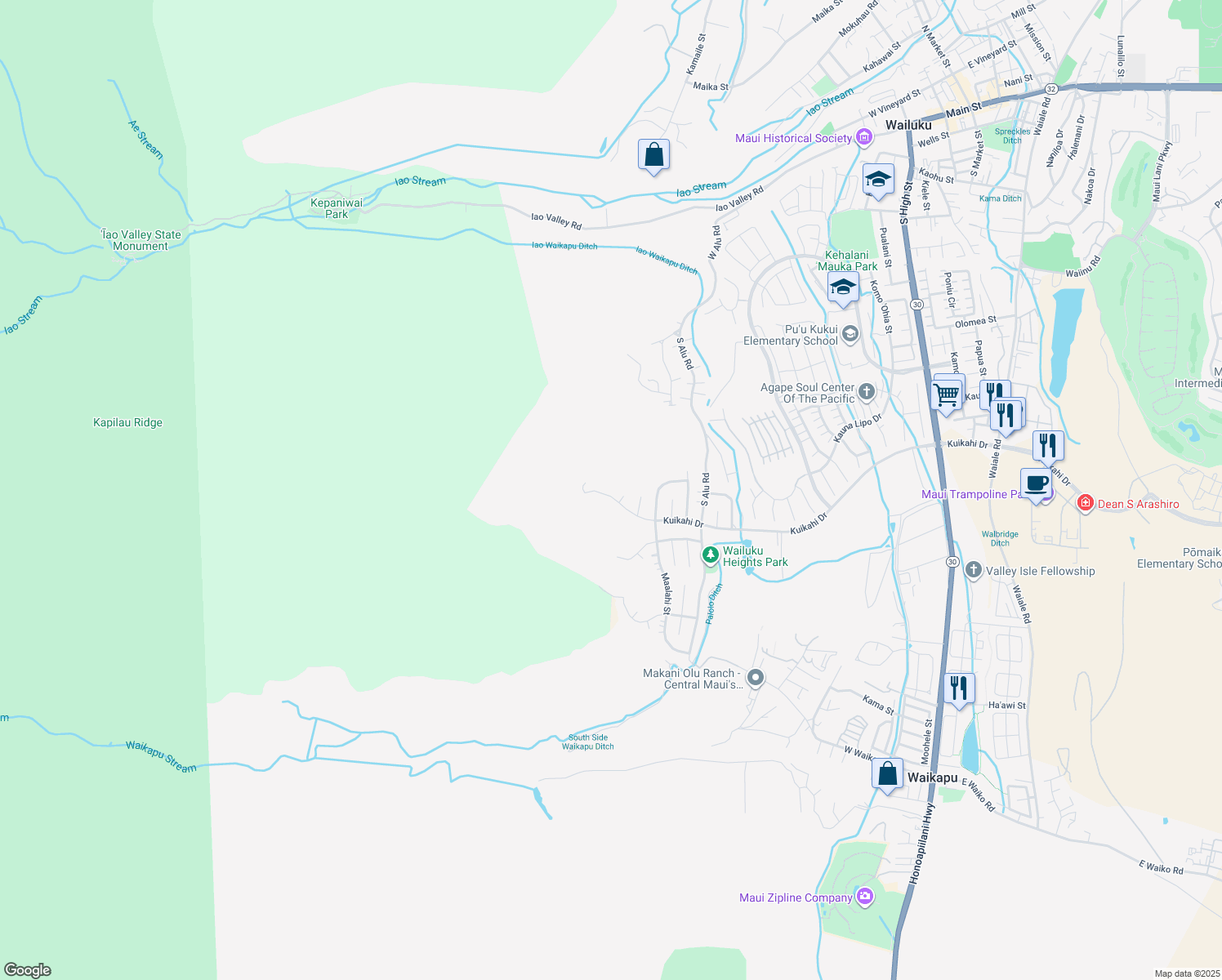 map of restaurants, bars, coffee shops, grocery stores, and more near 566 Kuikahi Drive in Wailuku