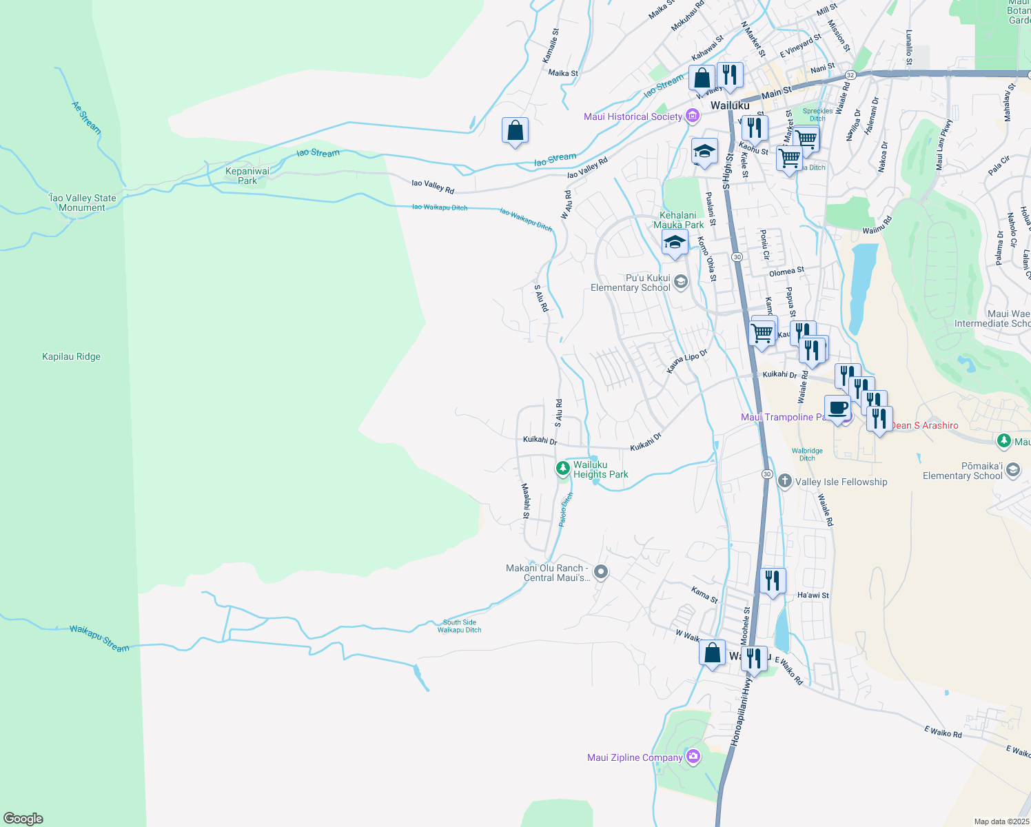 map of restaurants, bars, coffee shops, grocery stores, and more near 526 Melemele Street in Wailuku