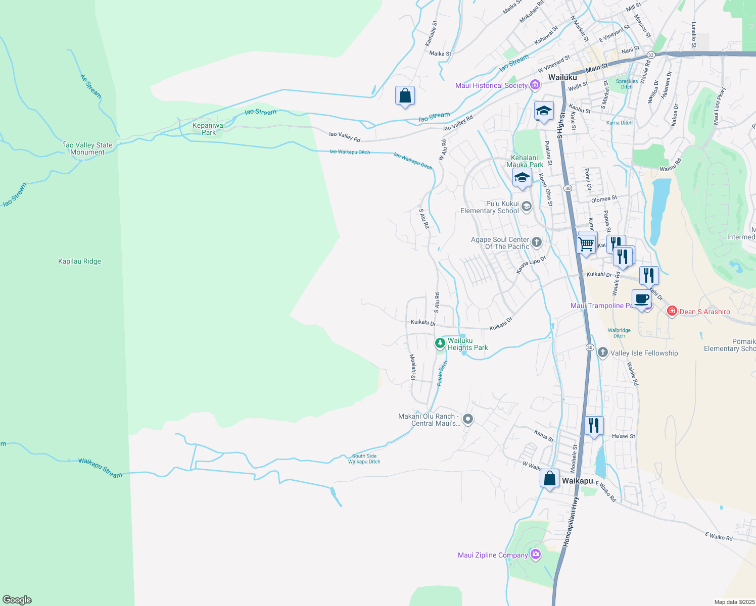 map of restaurants, bars, coffee shops, grocery stores, and more near 566 Kuikahi Drive in Wailuku